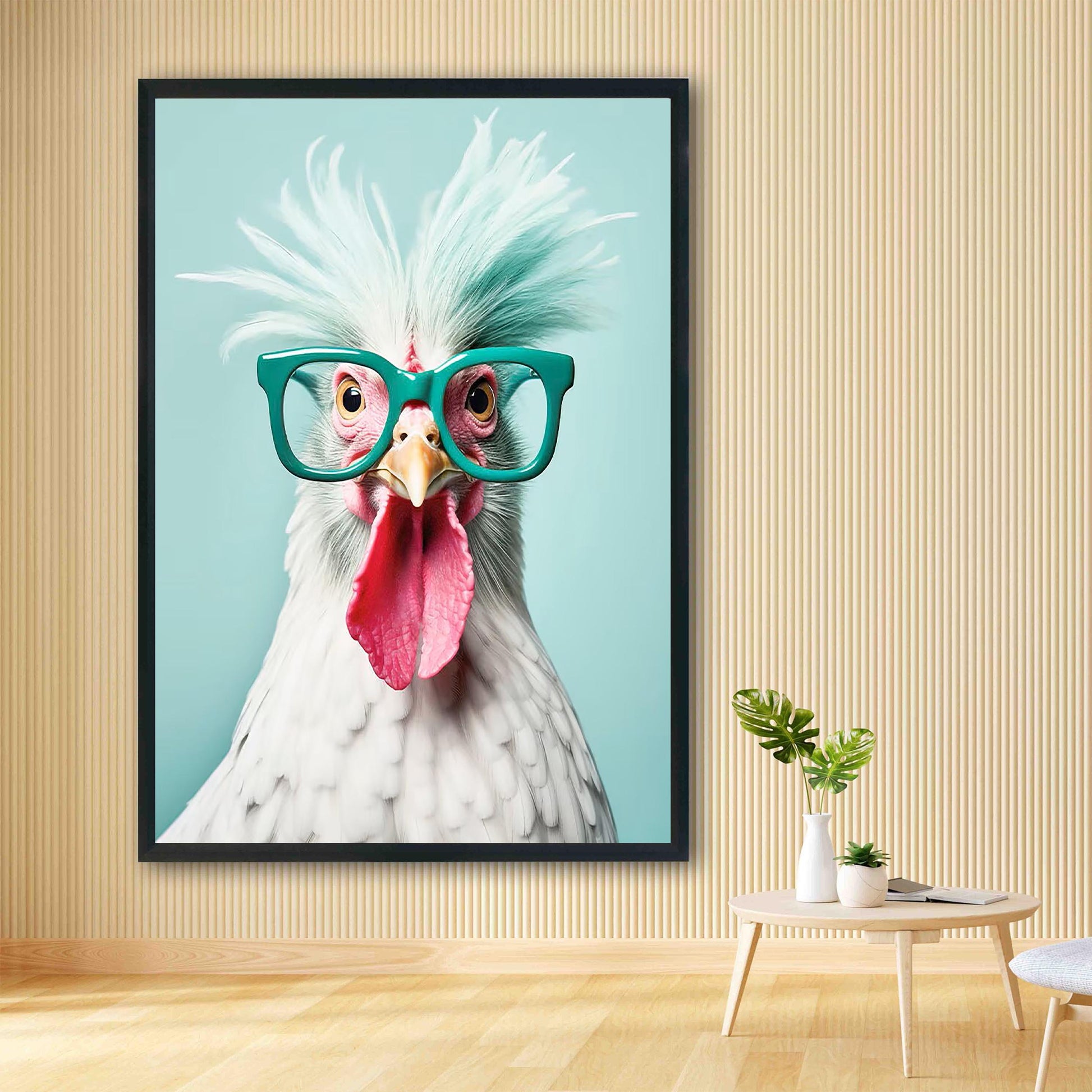 Funny Chicken Art Print, Teal Glasses, Quirky Home Decor