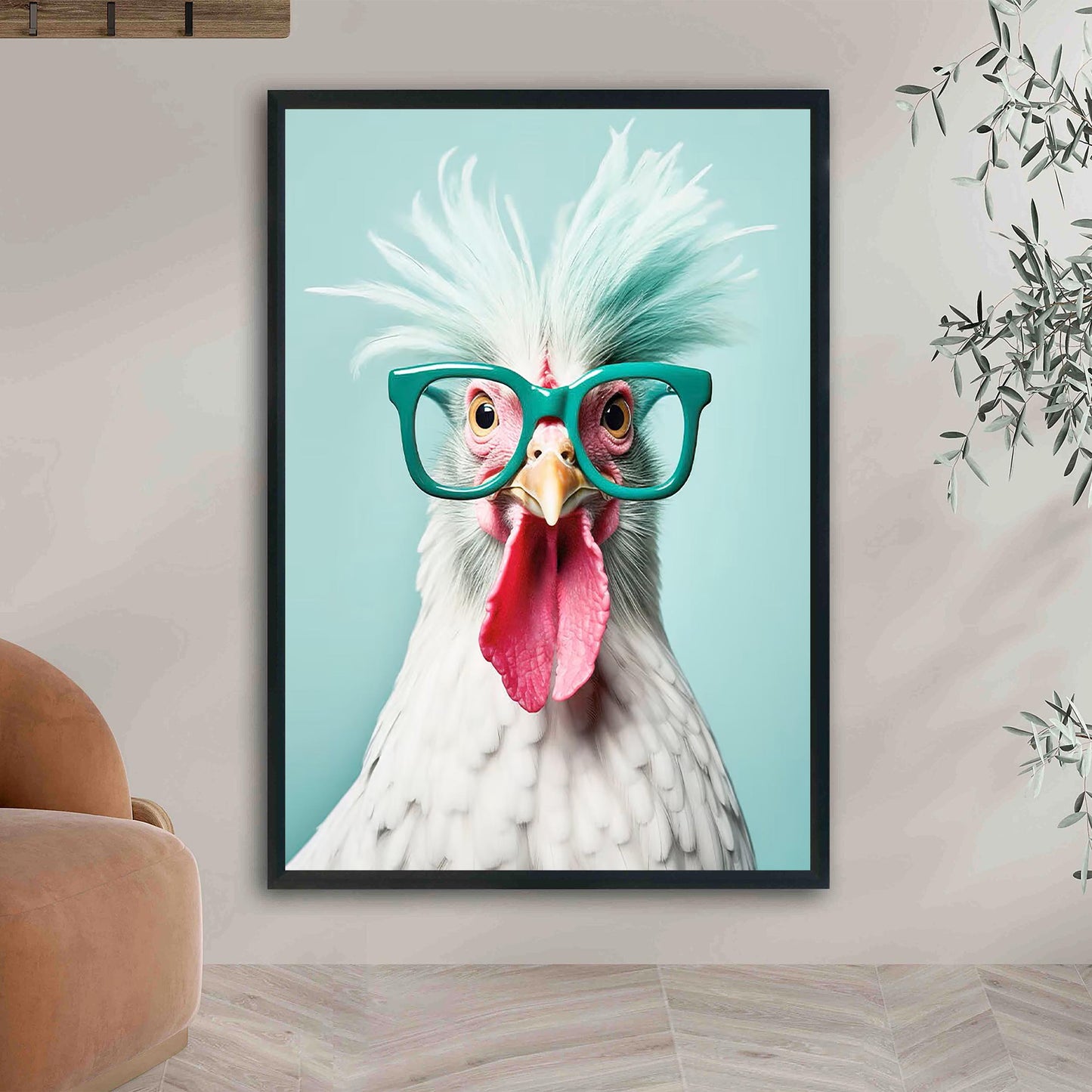 Funny Chicken Art Print, Teal Glasses, Quirky Home Decor