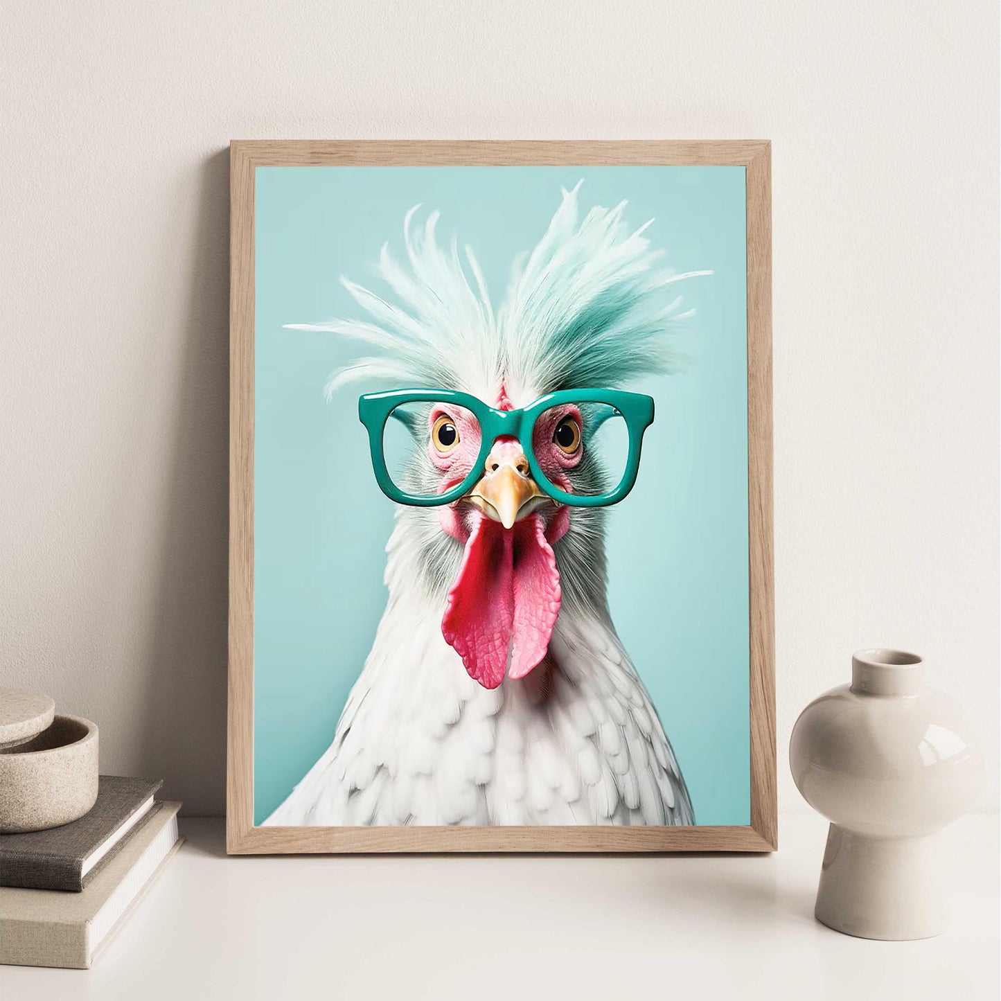 Funny Chicken Art Print, Teal Glasses, Quirky Home Decor