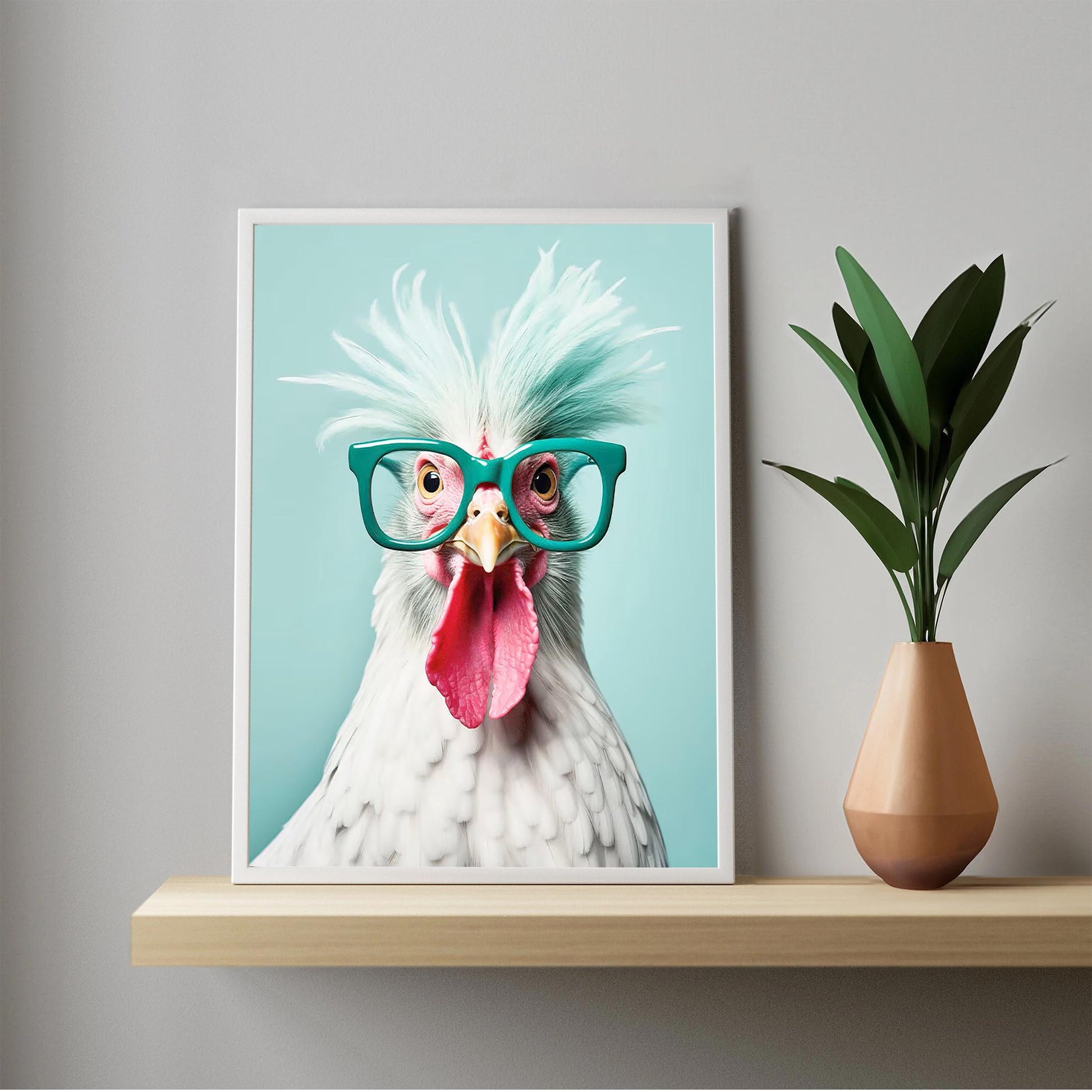 Funny Chicken Art Print, Teal Glasses, Quirky Home Decor
