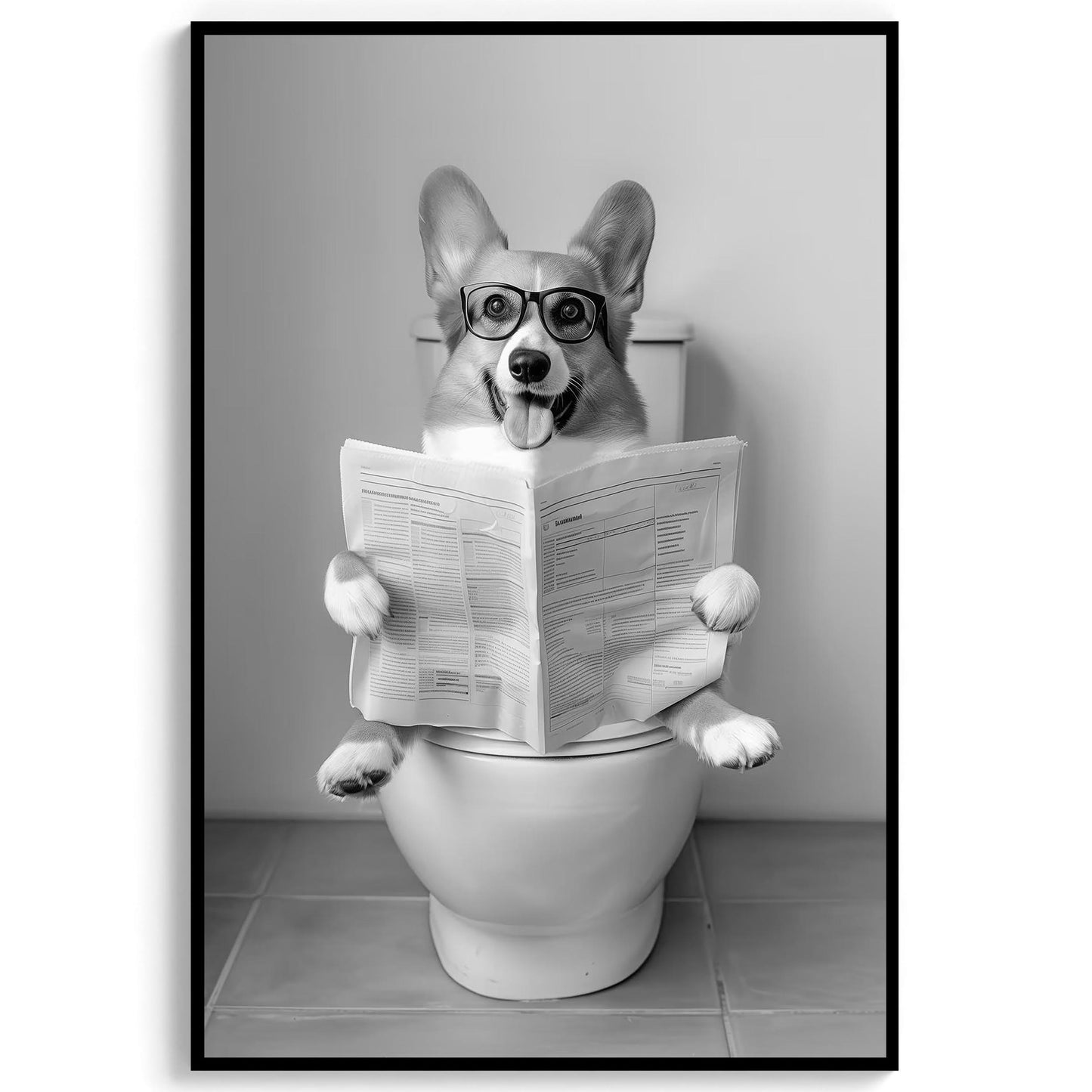 Funny Corgi Toilet Print Black and White Bathroom Wall Art