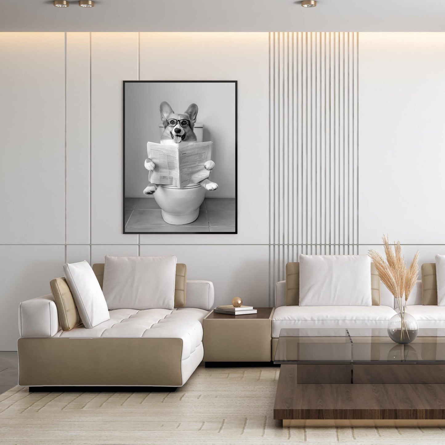 Funny Corgi Toilet Print Black and White Bathroom Wall Art