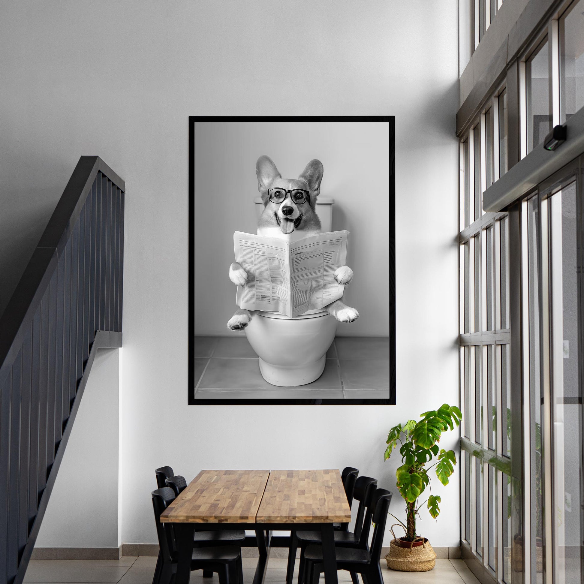 Funny Corgi Toilet Print Black and White Bathroom Wall Art