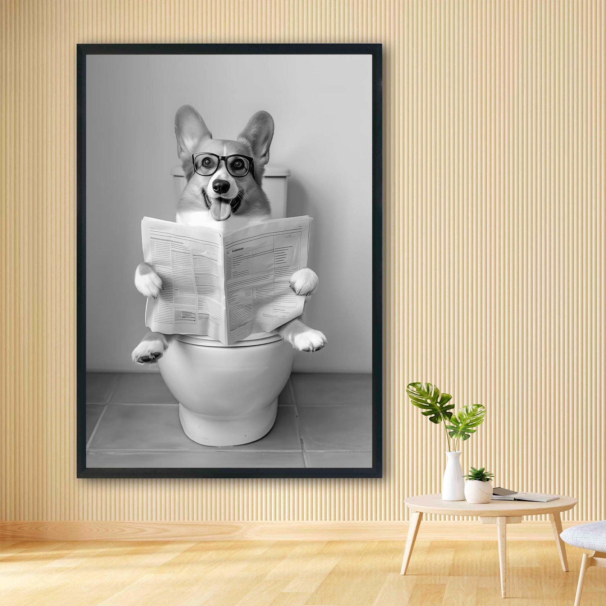 Funny Corgi Toilet Print Black and White Bathroom Wall Art