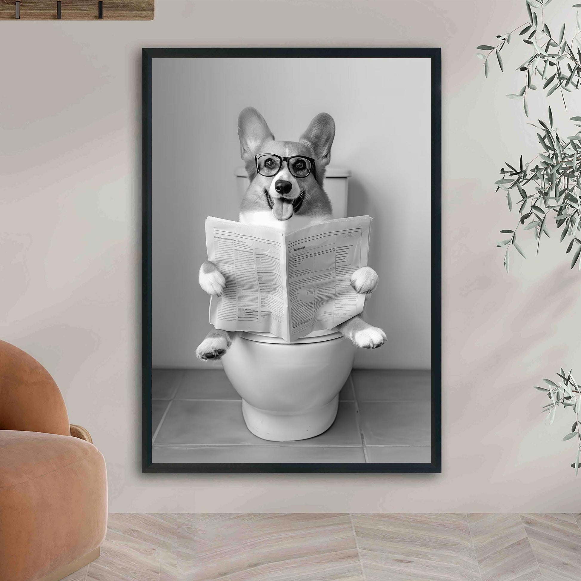 Funny Corgi Toilet Print Black and White Bathroom Wall Art