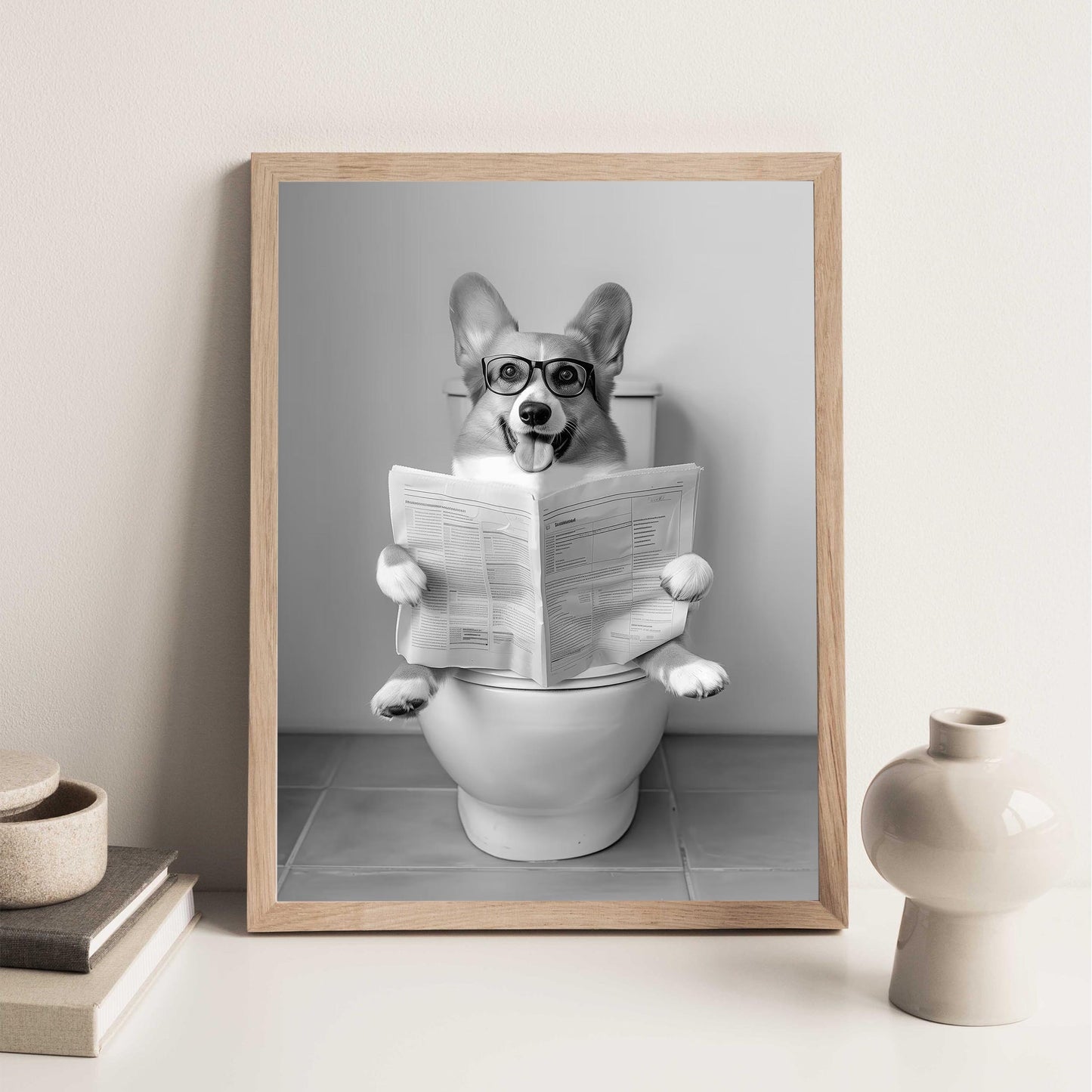 Funny Corgi Toilet Print Black and White Bathroom Wall Art