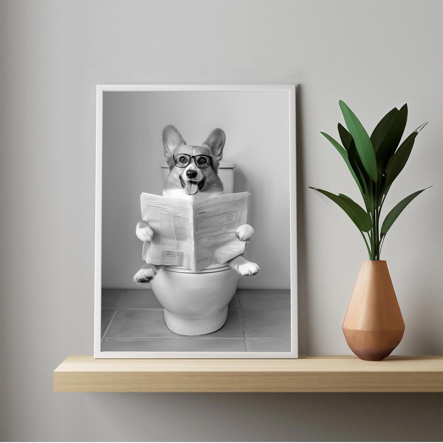 Funny Corgi Toilet Print Black and White Bathroom Wall Art