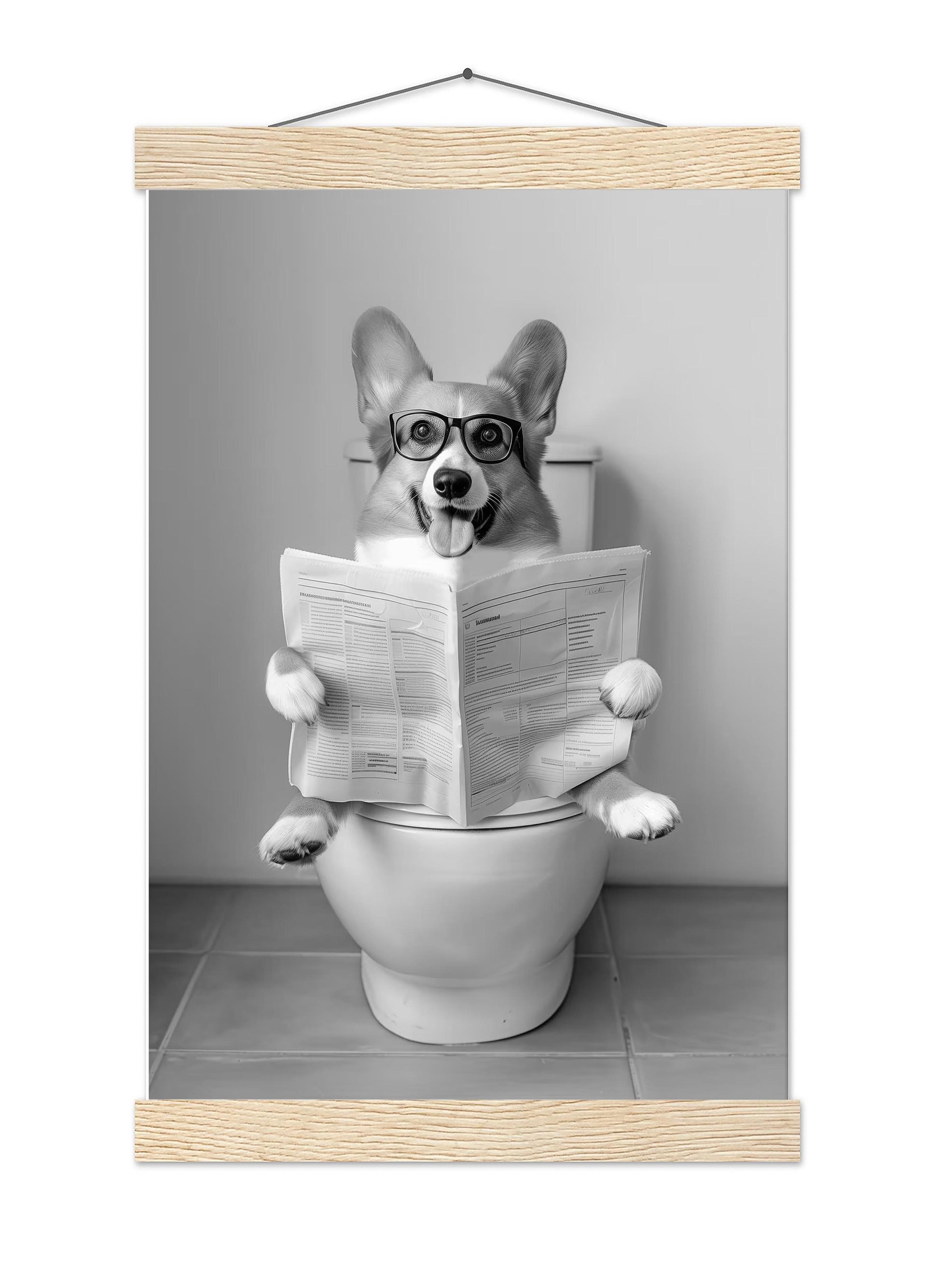 Funny Corgi Toilet Print Black and White Bathroom Wall Art