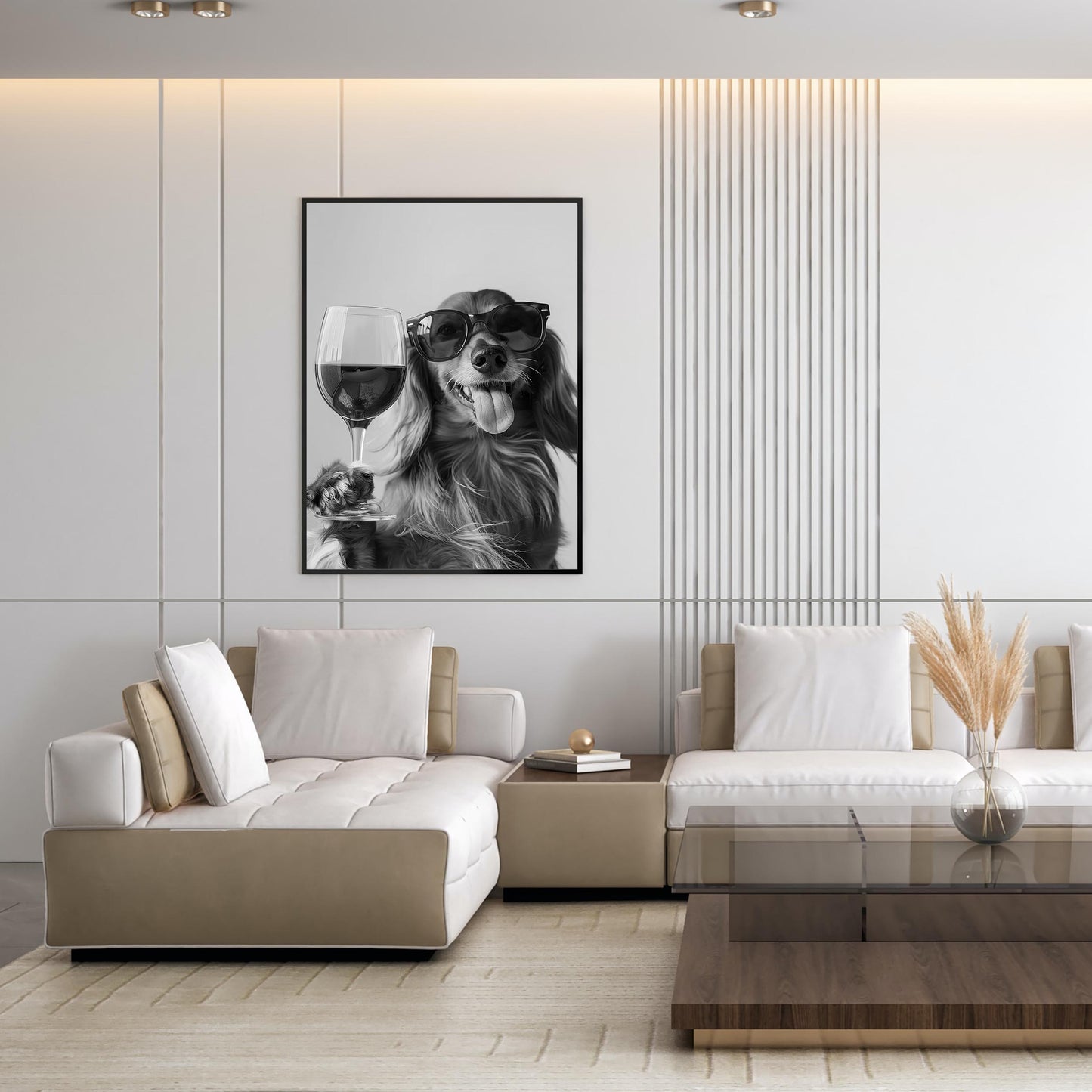 Funny Dachshund Red Wine Print Black and White Bar Cart Art