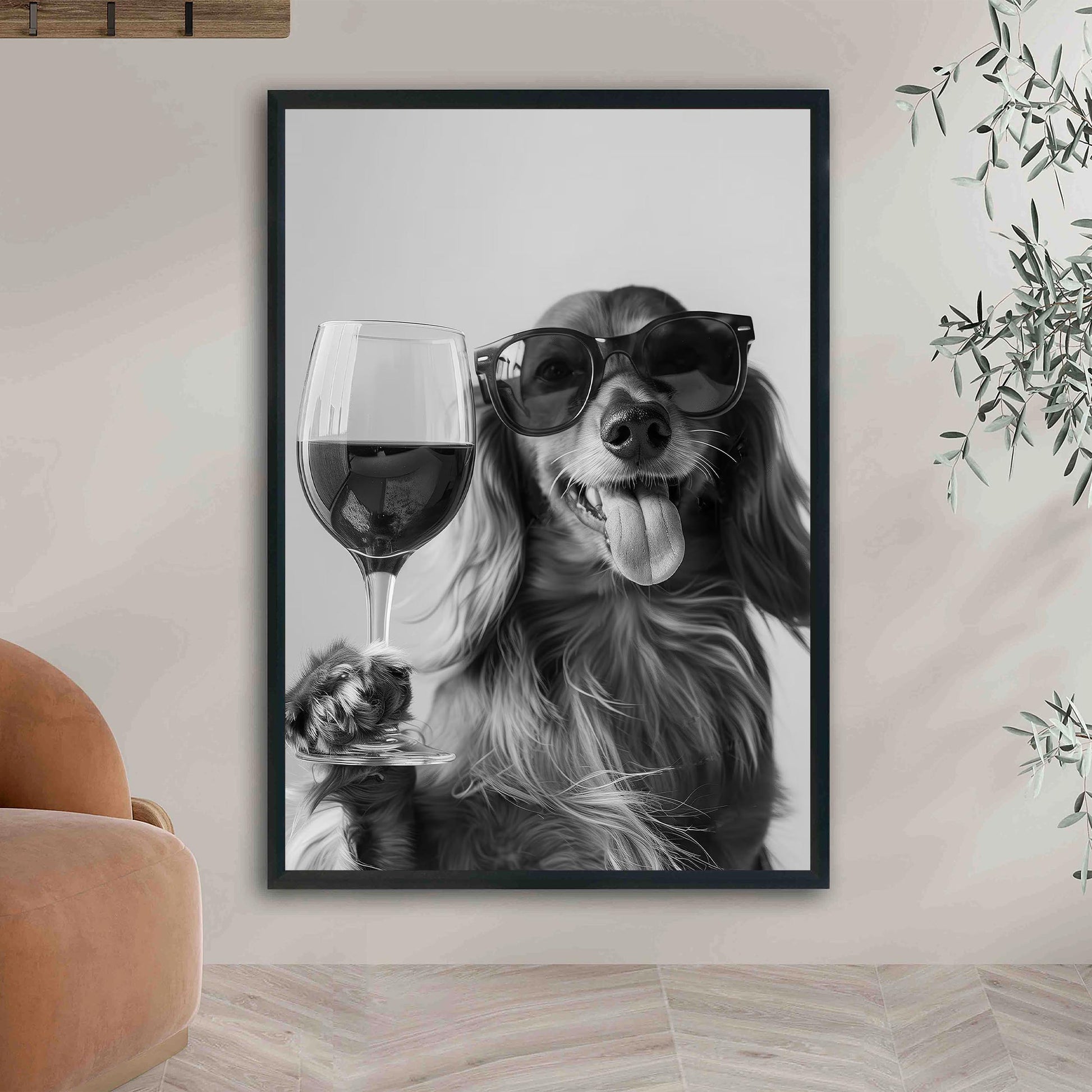 Funny Dachshund Red Wine Print Black and White Bar Cart Art