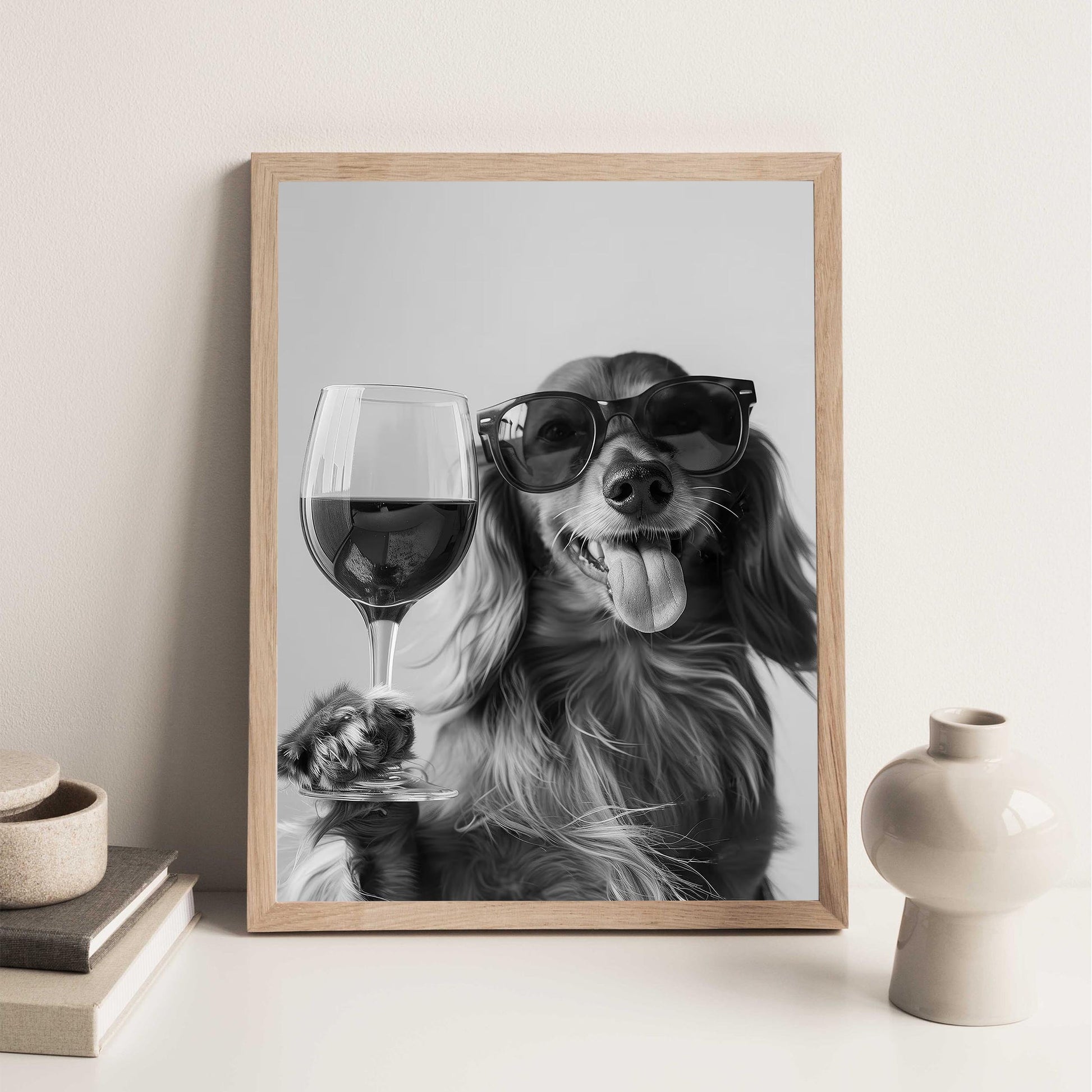 Funny Dachshund Red Wine Print Black and White Bar Cart Art