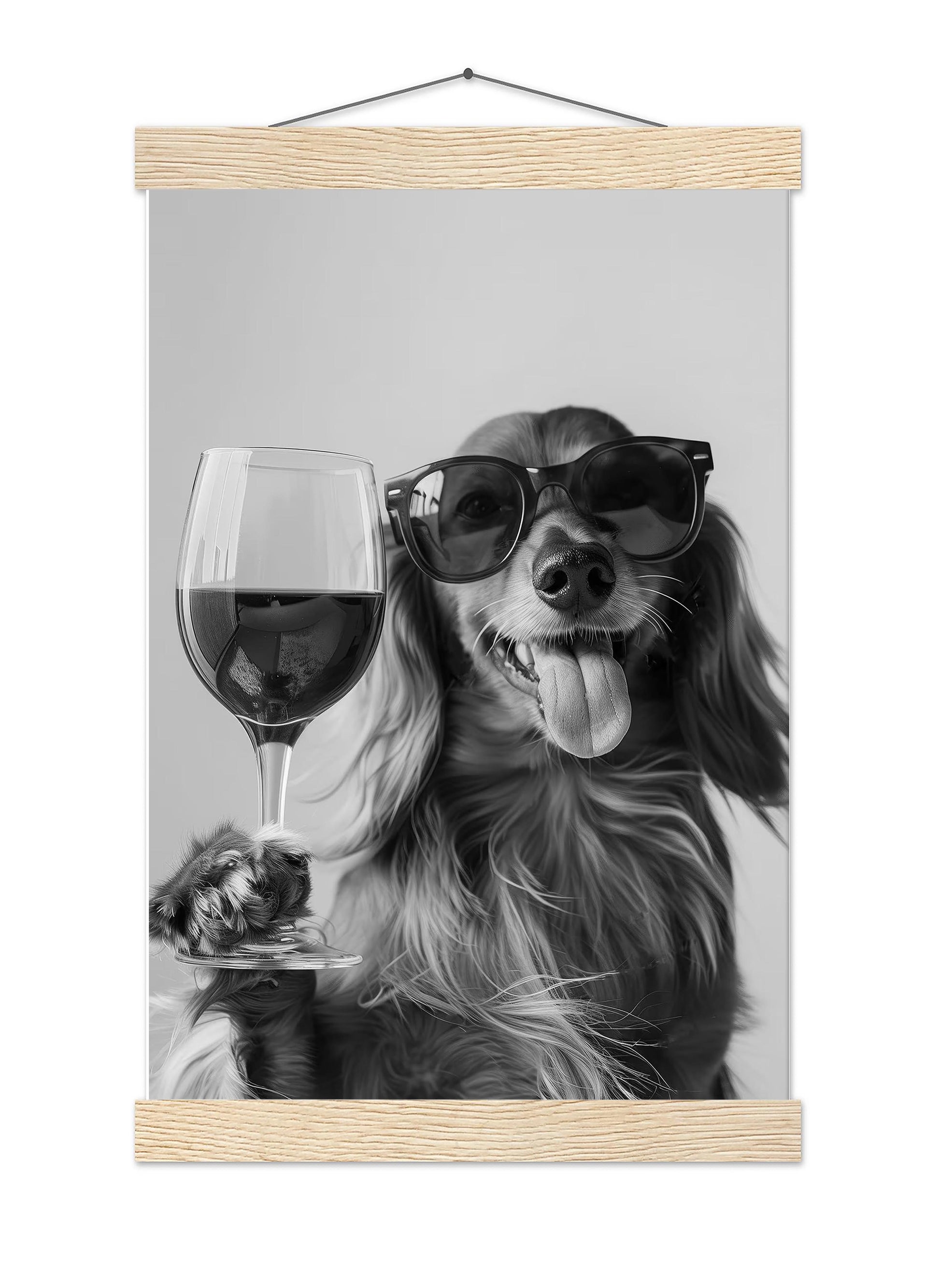 Funny Dachshund Red Wine Print Black and White Bar Cart Art