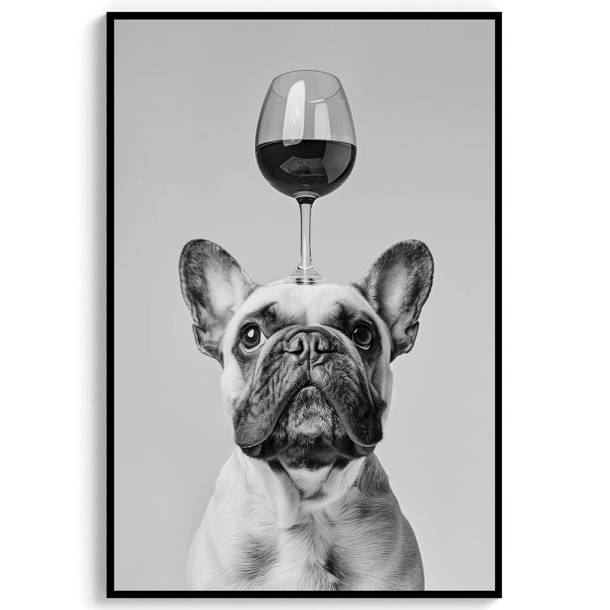 Funny French Bulldog Wine Print Black and White Kitchen Art