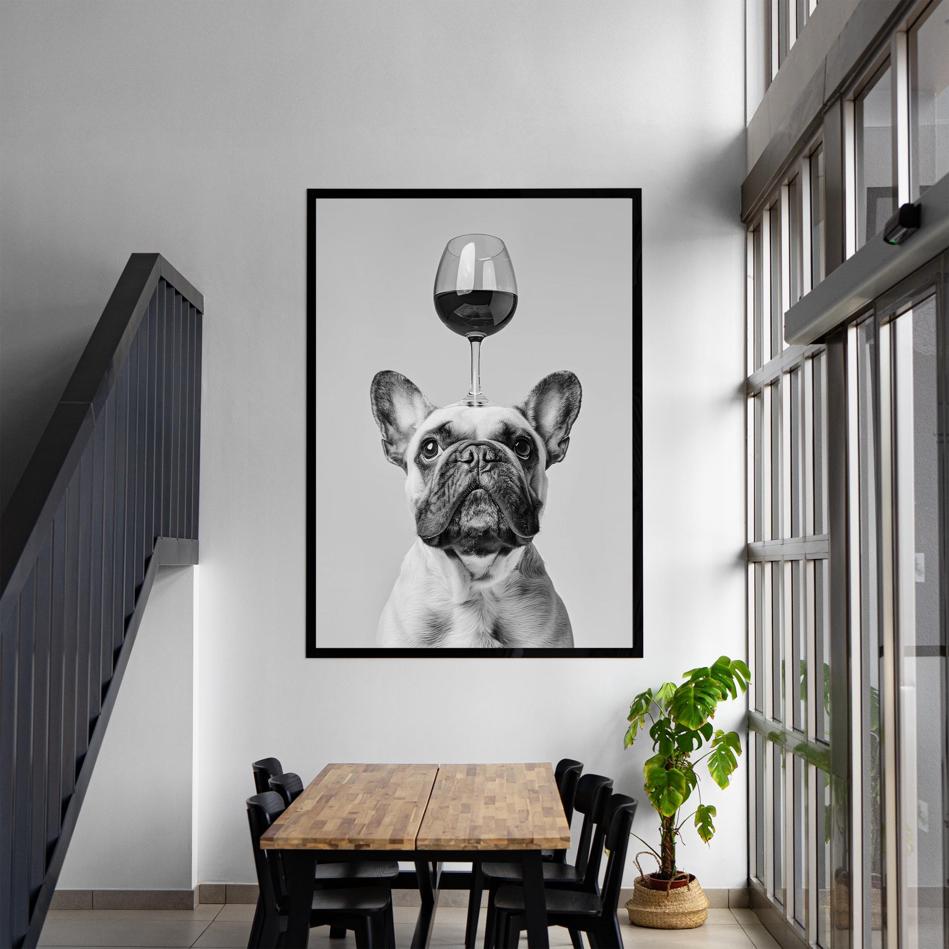 Funny French Bulldog Wine Print Black and White Kitchen Art