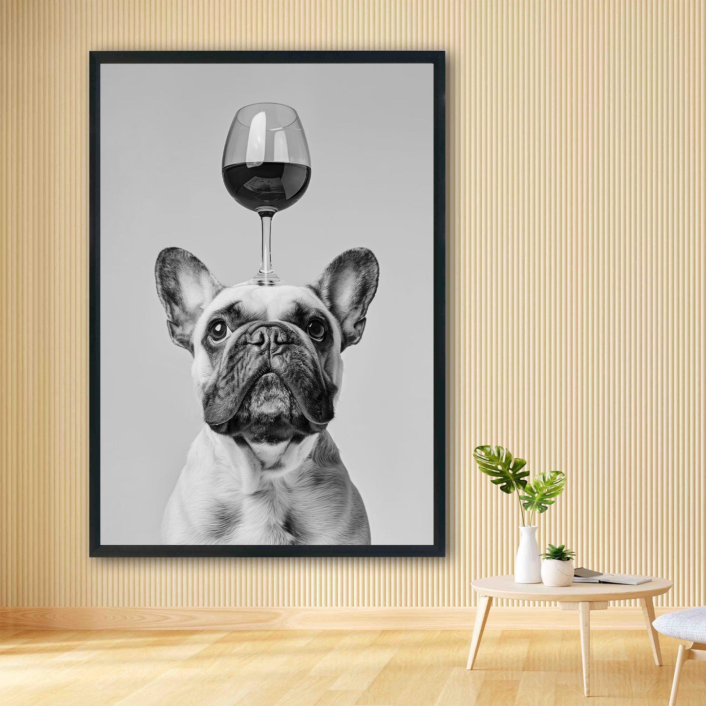Funny French Bulldog Wine Print Black and White Kitchen Art