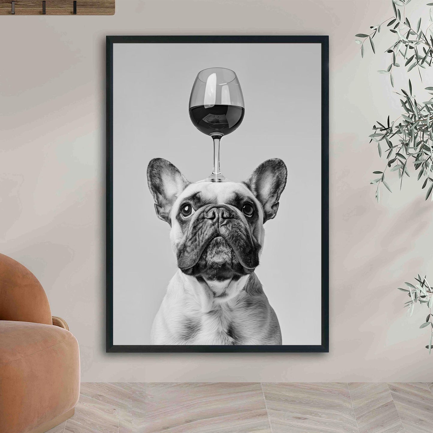 Funny French Bulldog Wine Print Black and White Kitchen Art
