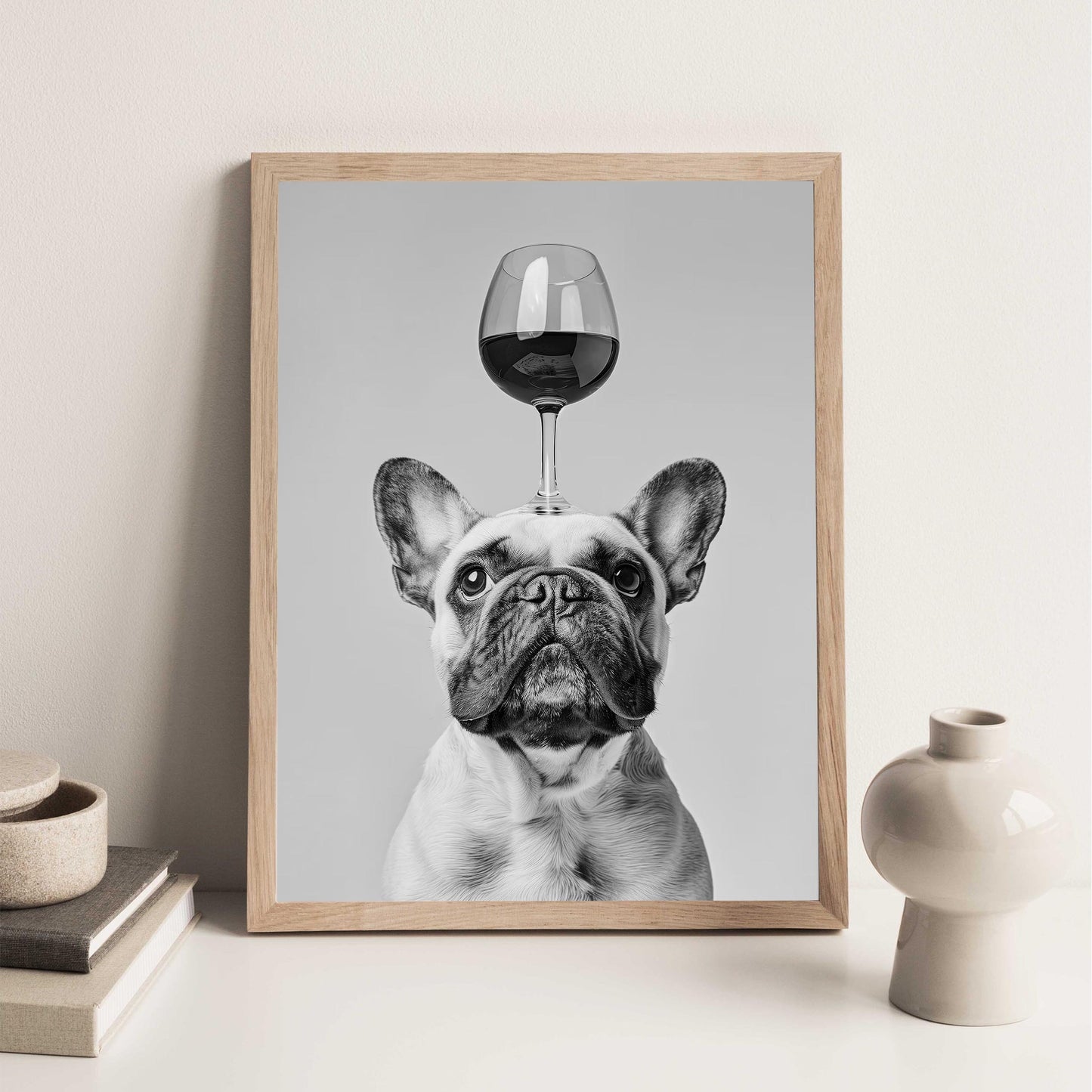 Funny French Bulldog Wine Print Black and White Kitchen Art