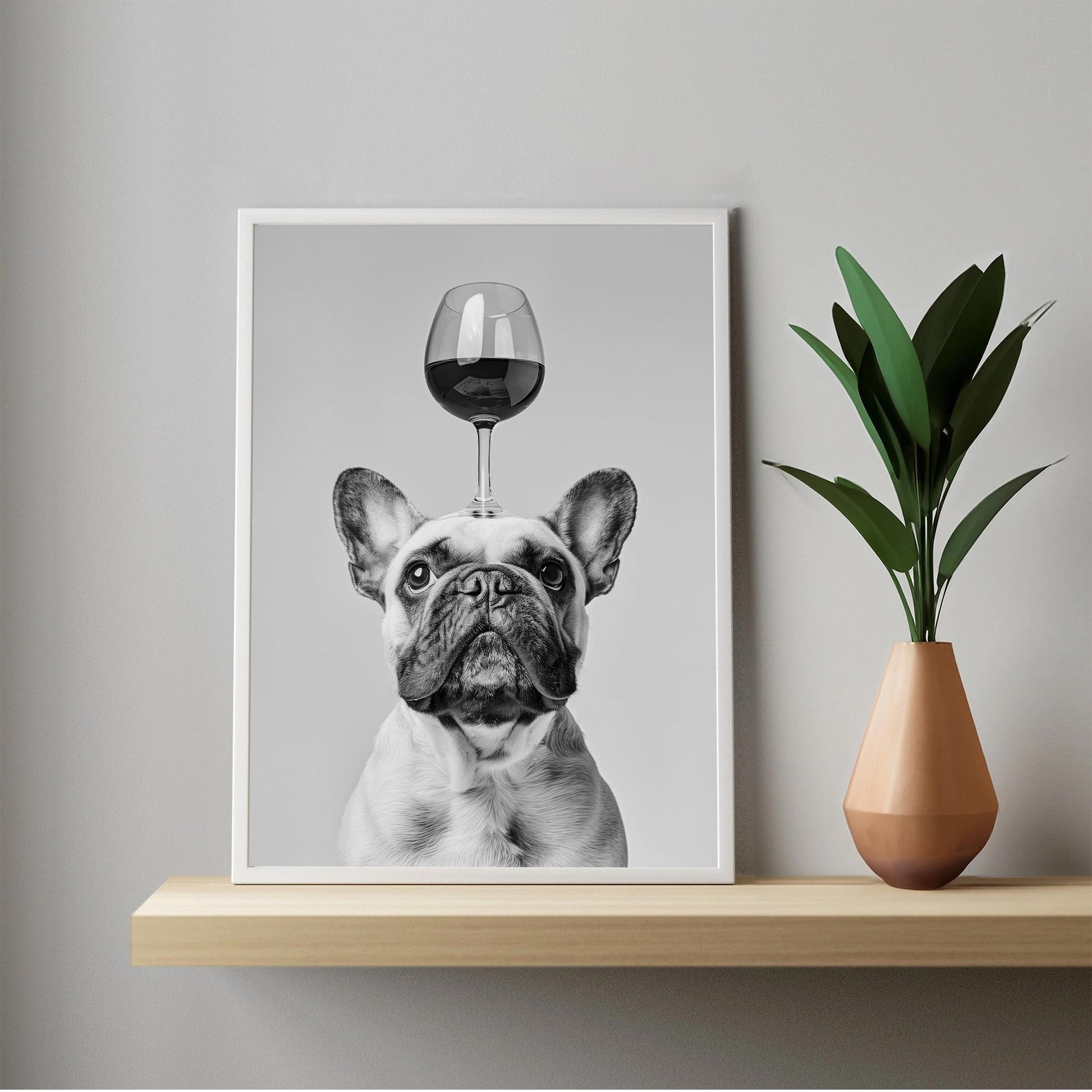 Funny French Bulldog Wine Print Black and White Kitchen Art