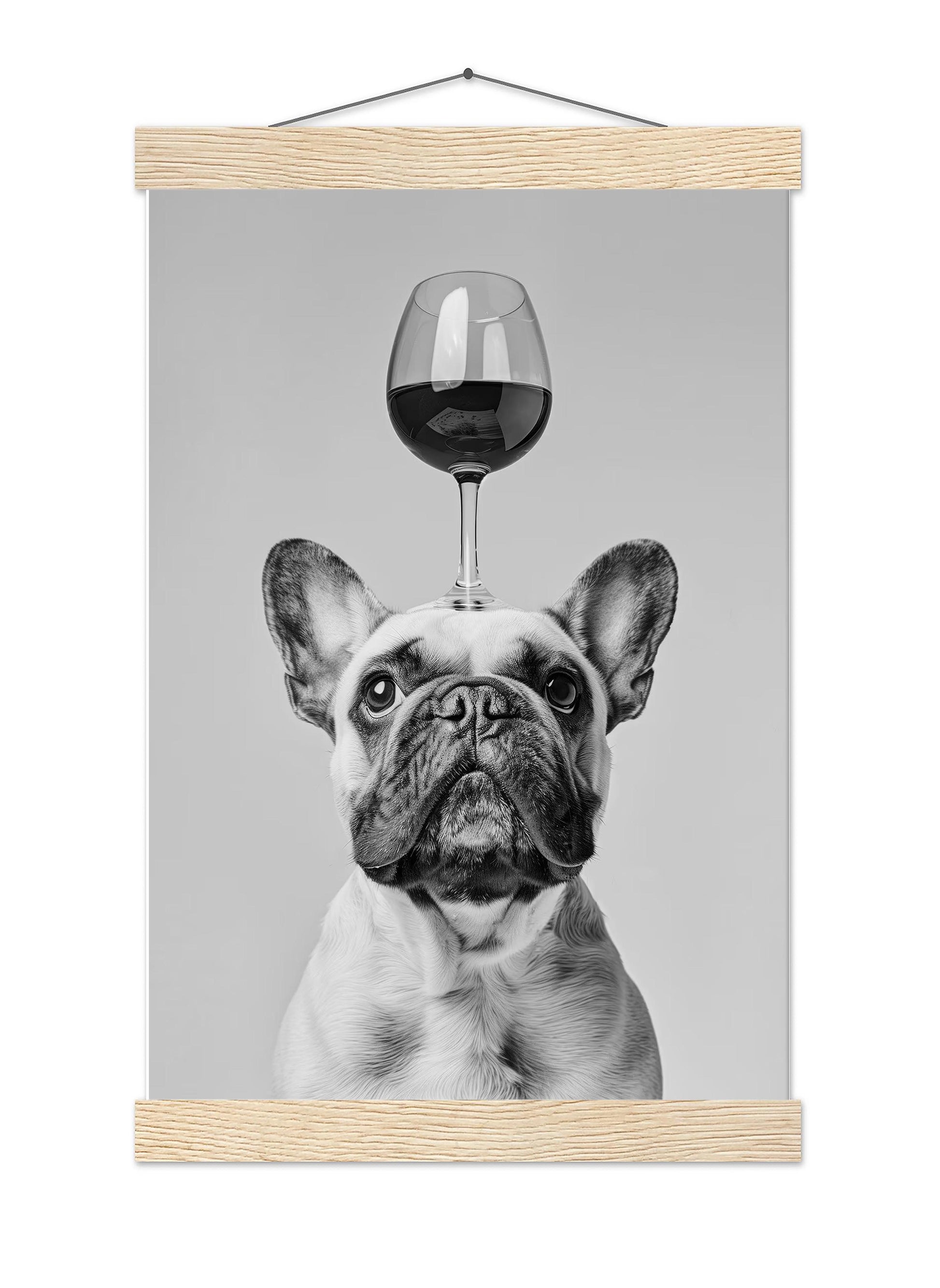 Funny French Bulldog Wine Print Black and White Kitchen Art