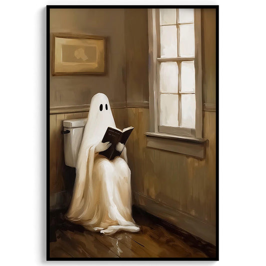 Funny Ghost Painting Ghost on Toilet Wall Art Halloween Decor Academia Vintage Print Spooky Bathroom Decor D