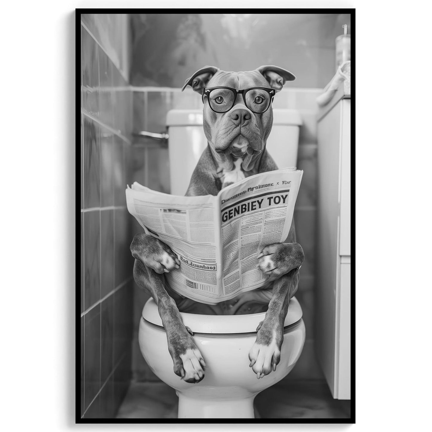 Funny Pitbull Bathroom Print Dog Reading Newspaper, Dog Toilet Poster - Black and White Wall Art