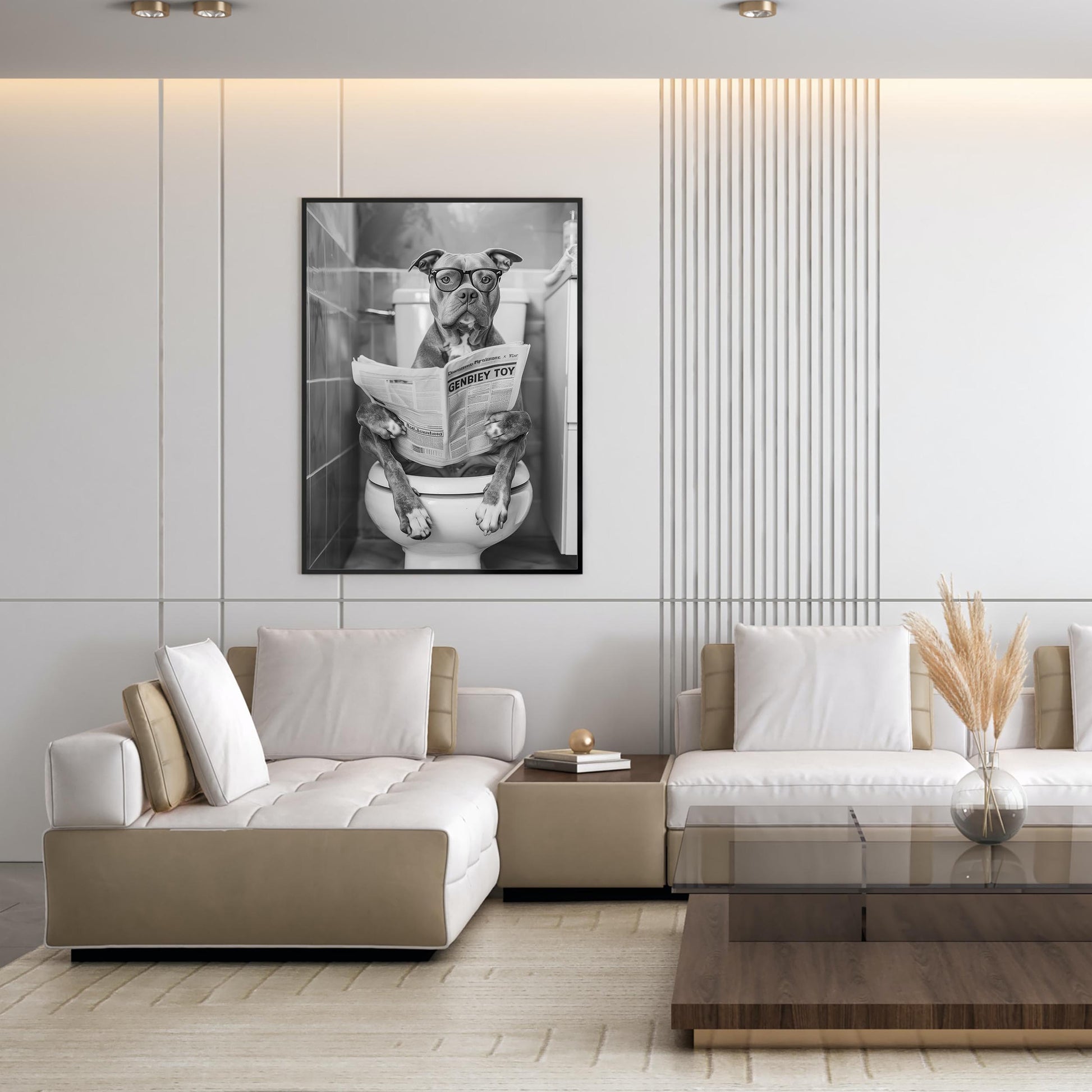 Funny Pitbull Bathroom Print Dog Reading Newspaper, Dog Toilet Poster - Black and White Wall Art
