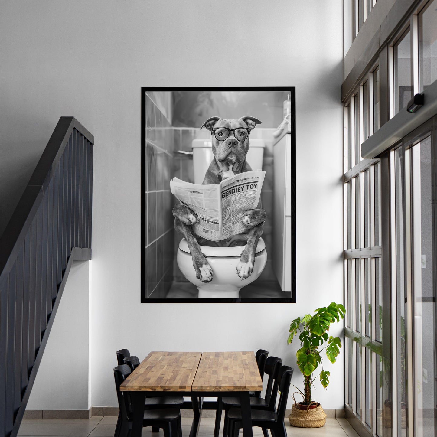 Funny Pitbull Bathroom Print Dog Reading Newspaper, Dog Toilet Poster - Black and White Wall Art