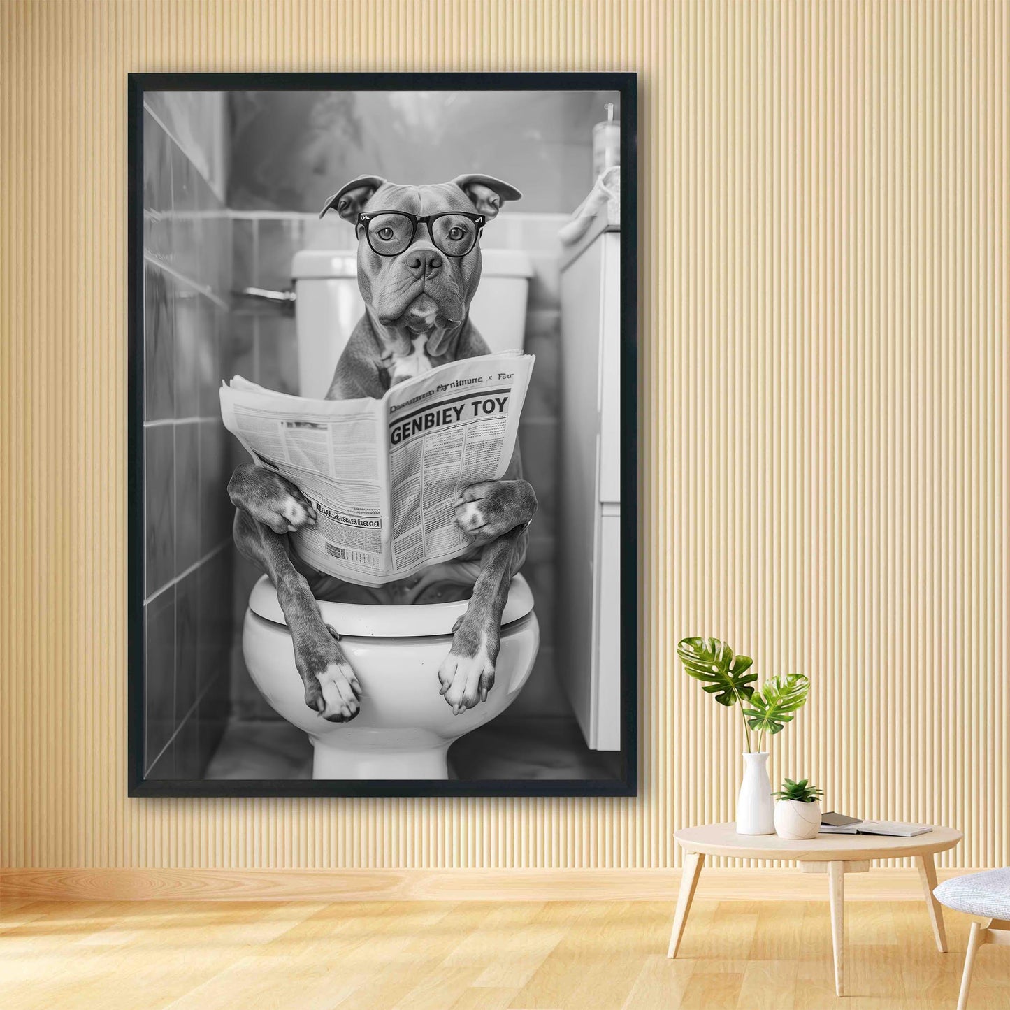 Funny Pitbull Bathroom Print Dog Reading Newspaper, Dog Toilet Poster - Black and White Wall Art