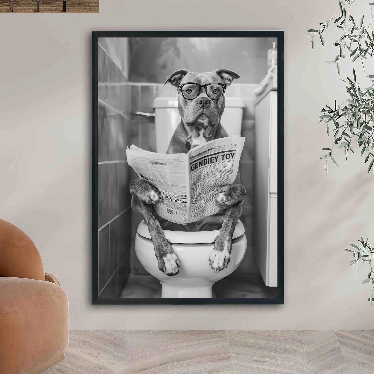 Funny Pitbull Bathroom Print Dog Reading Newspaper, Dog Toilet Poster - Black and White Wall Art