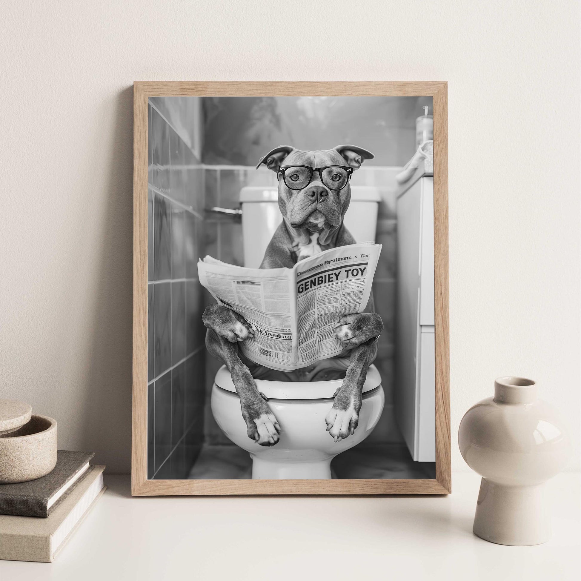 Funny Pitbull Bathroom Print Dog Reading Newspaper, Dog Toilet Poster - Black and White Wall Art
