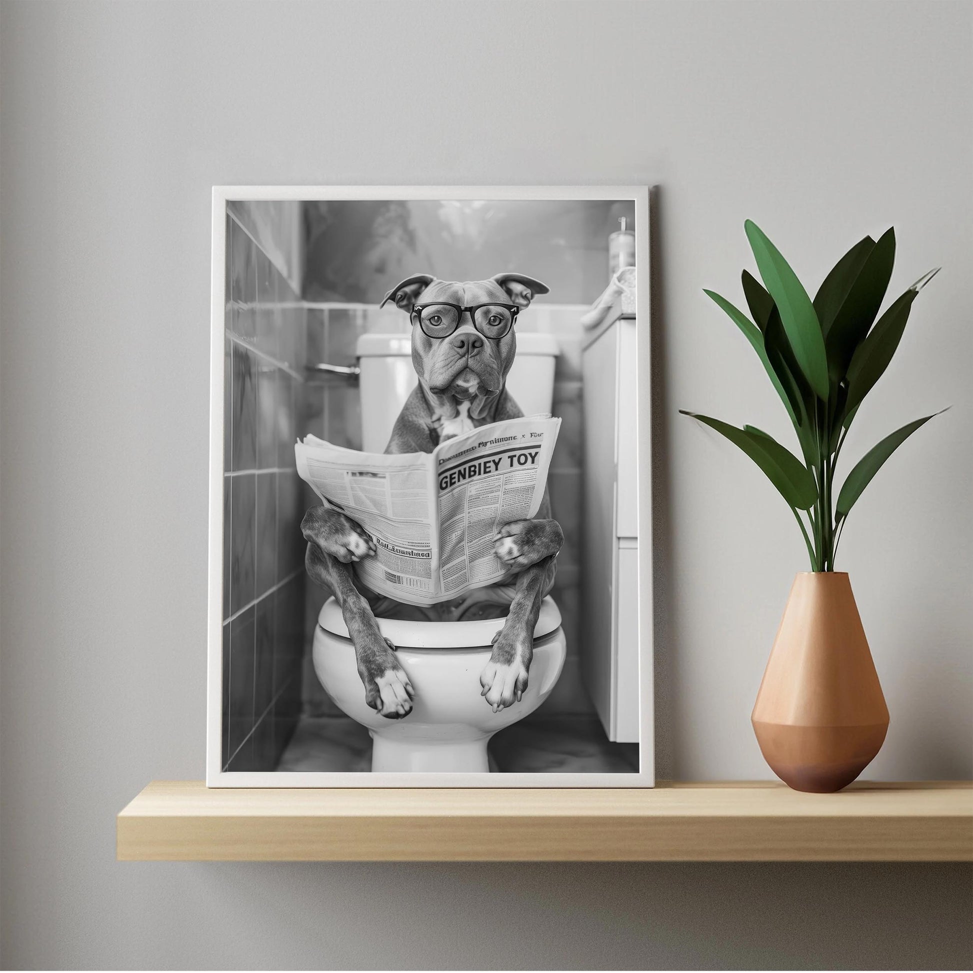 Funny Pitbull Bathroom Print Dog Reading Newspaper, Dog Toilet Poster - Black and White Wall Art