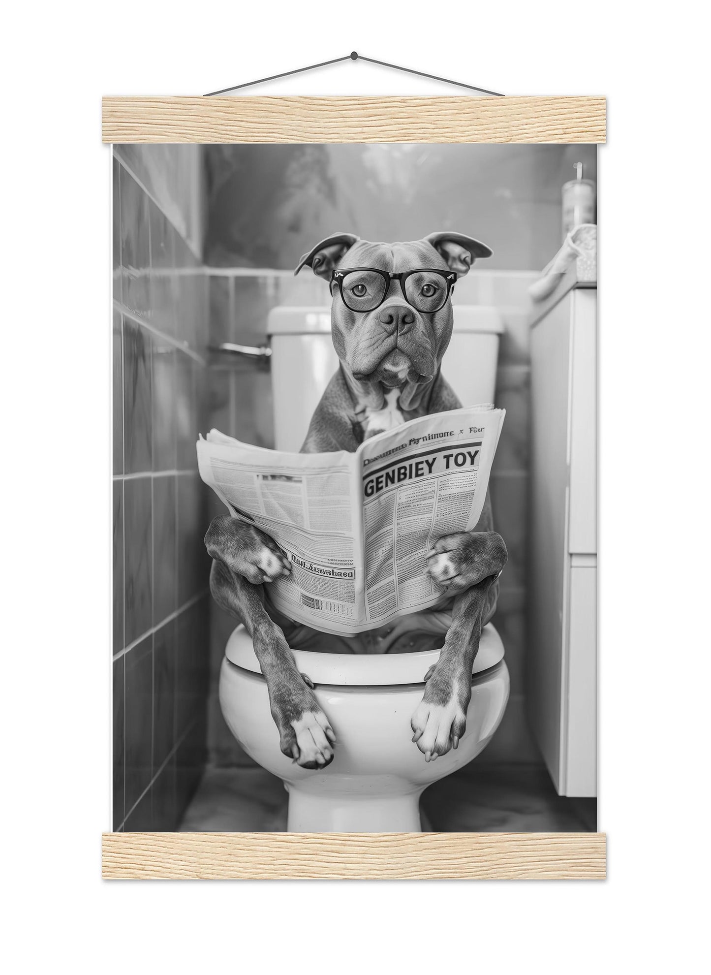 Funny Pitbull Bathroom Print Dog Reading Newspaper, Dog Toilet Poster - Black and White Wall Art