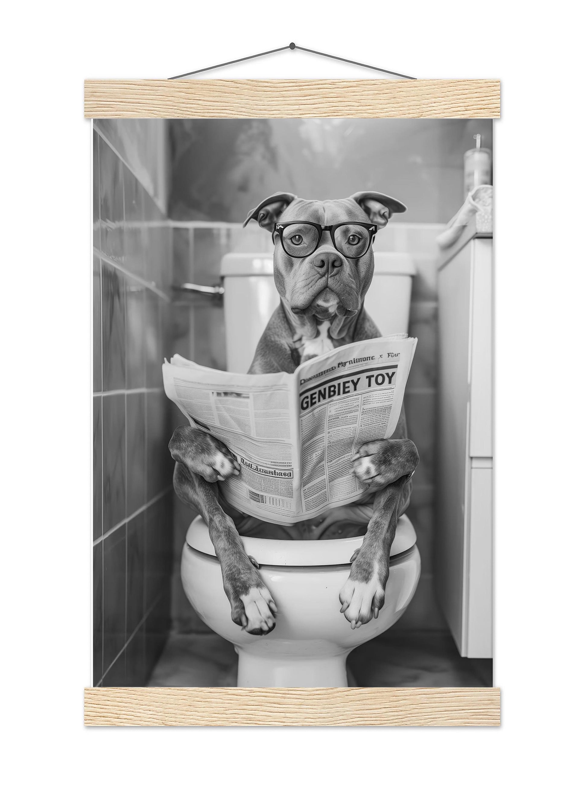 Funny Pitbull Bathroom Print Dog Reading Newspaper, Dog Toilet Poster - Black and White Wall Art