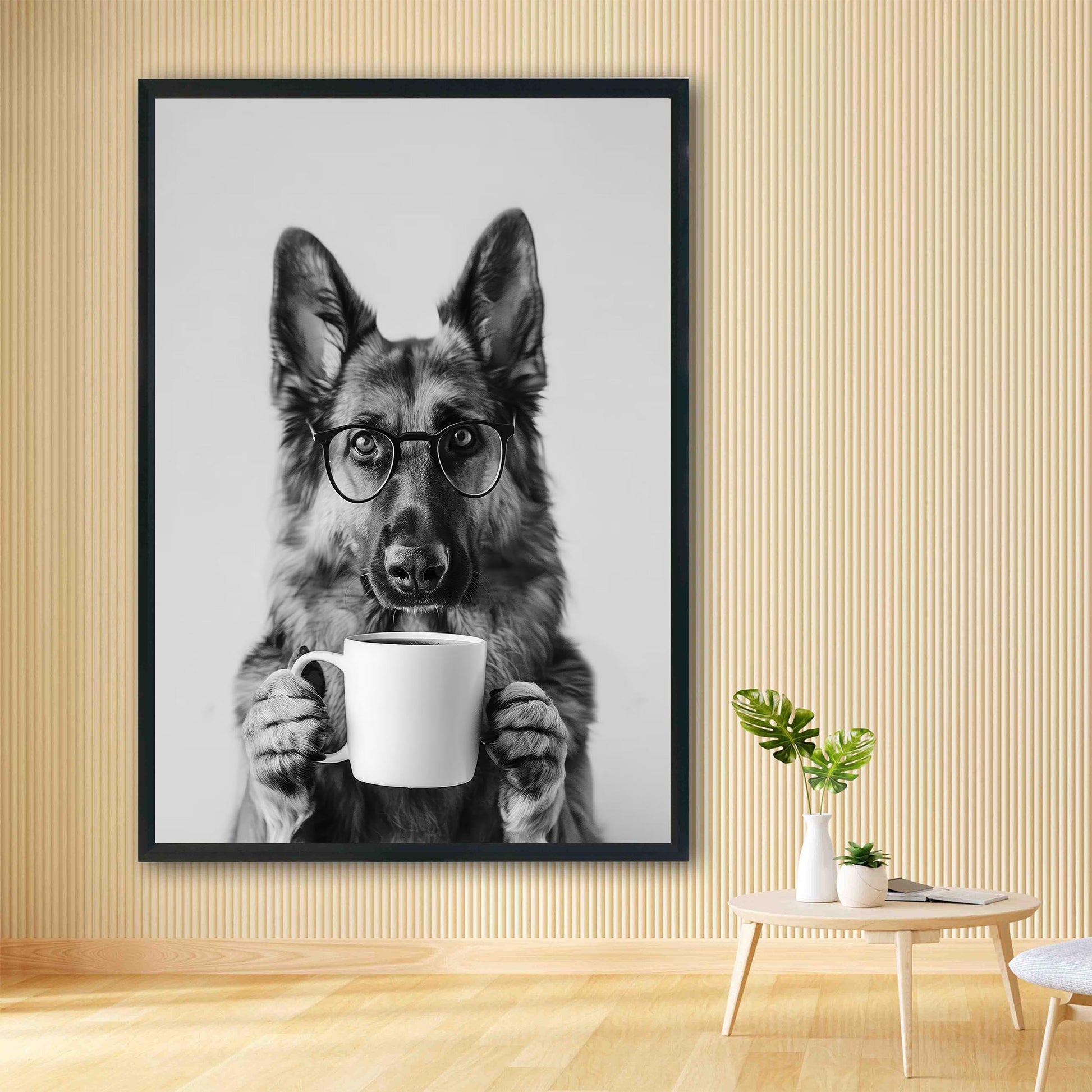 German Shepherd Coffee Wall Art Funny Dog Print, Coffee Bar Poster, Black and White Kitchen Decor