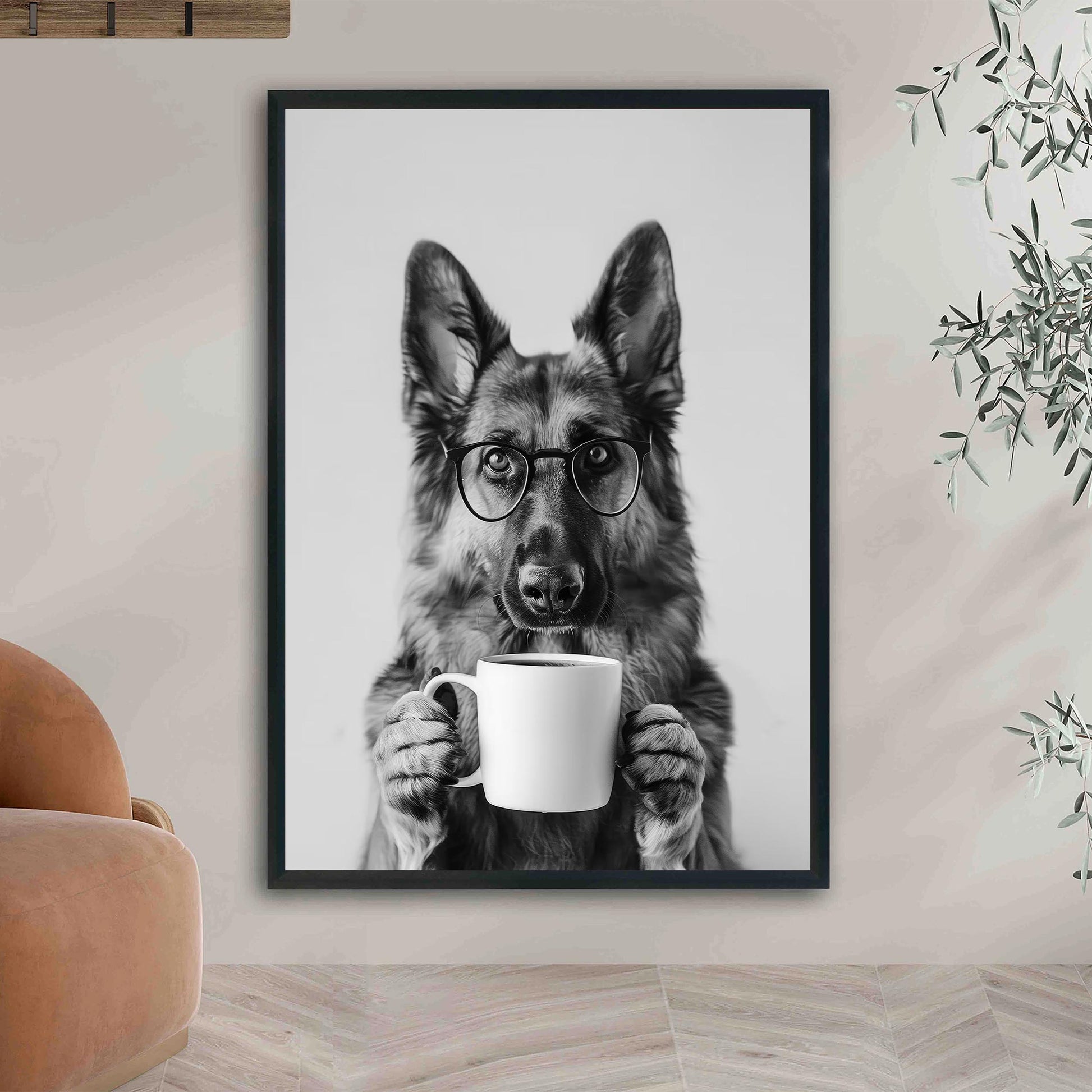 German Shepherd Coffee Wall Art Funny Dog Print, Coffee Bar Poster, Black and White Kitchen Decor