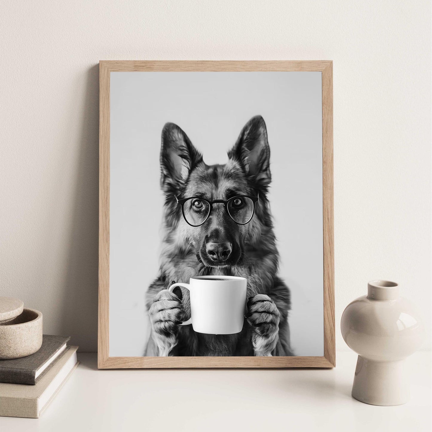 German Shepherd Coffee Wall Art Funny Dog Print, Coffee Bar Poster, Black and White Kitchen Decor