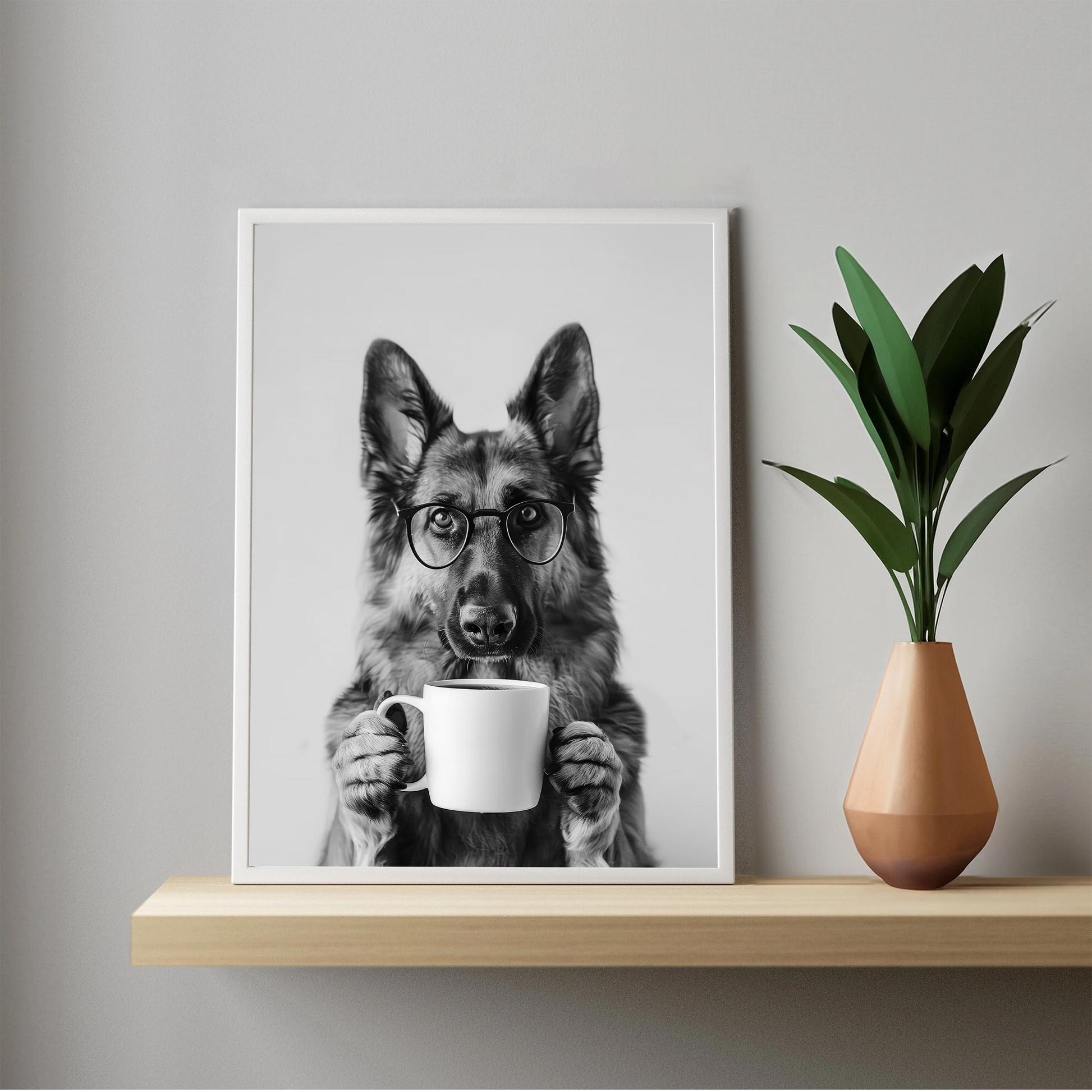 German Shepherd Coffee Wall Art Funny Dog Print, Coffee Bar Poster, Black and White Kitchen Decor