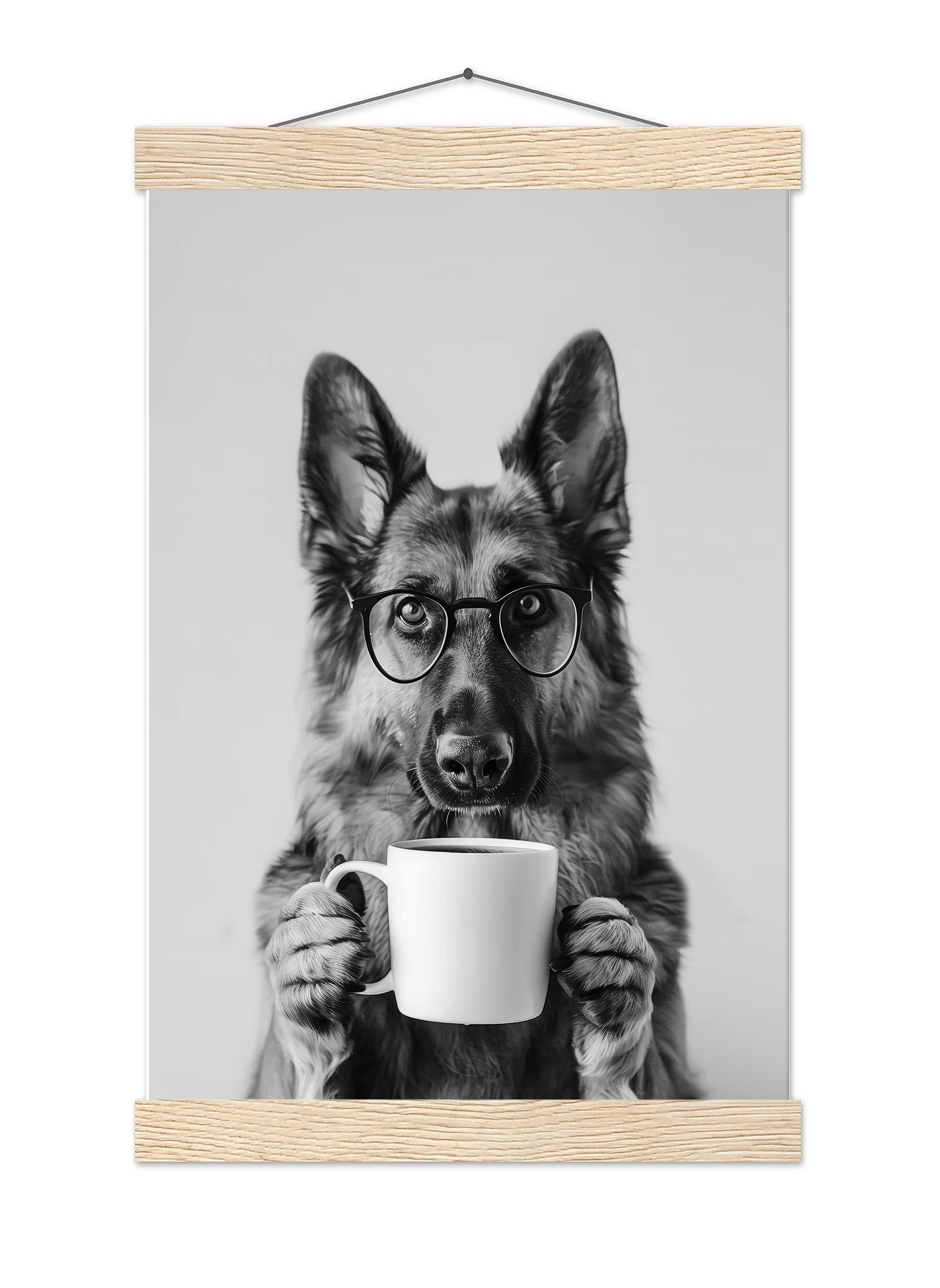 German Shepherd Coffee Wall Art Funny Dog Print, Coffee Bar Poster, Black and White Kitchen Decor