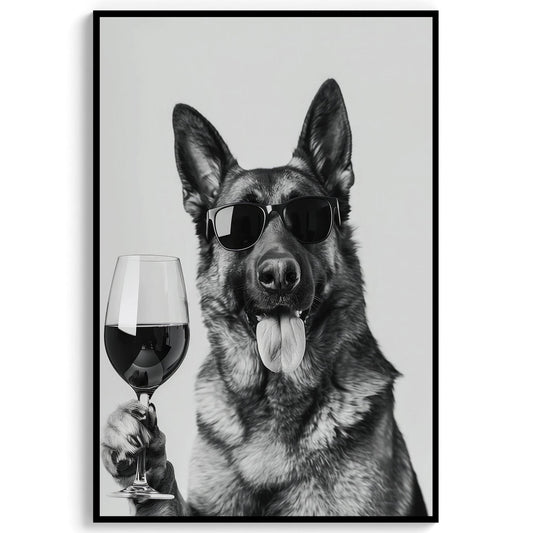 German Shepherd Drinking Wine Print Bar Cart Print, Funny Dog Poster, Trendy Kitchen Decor - Bla