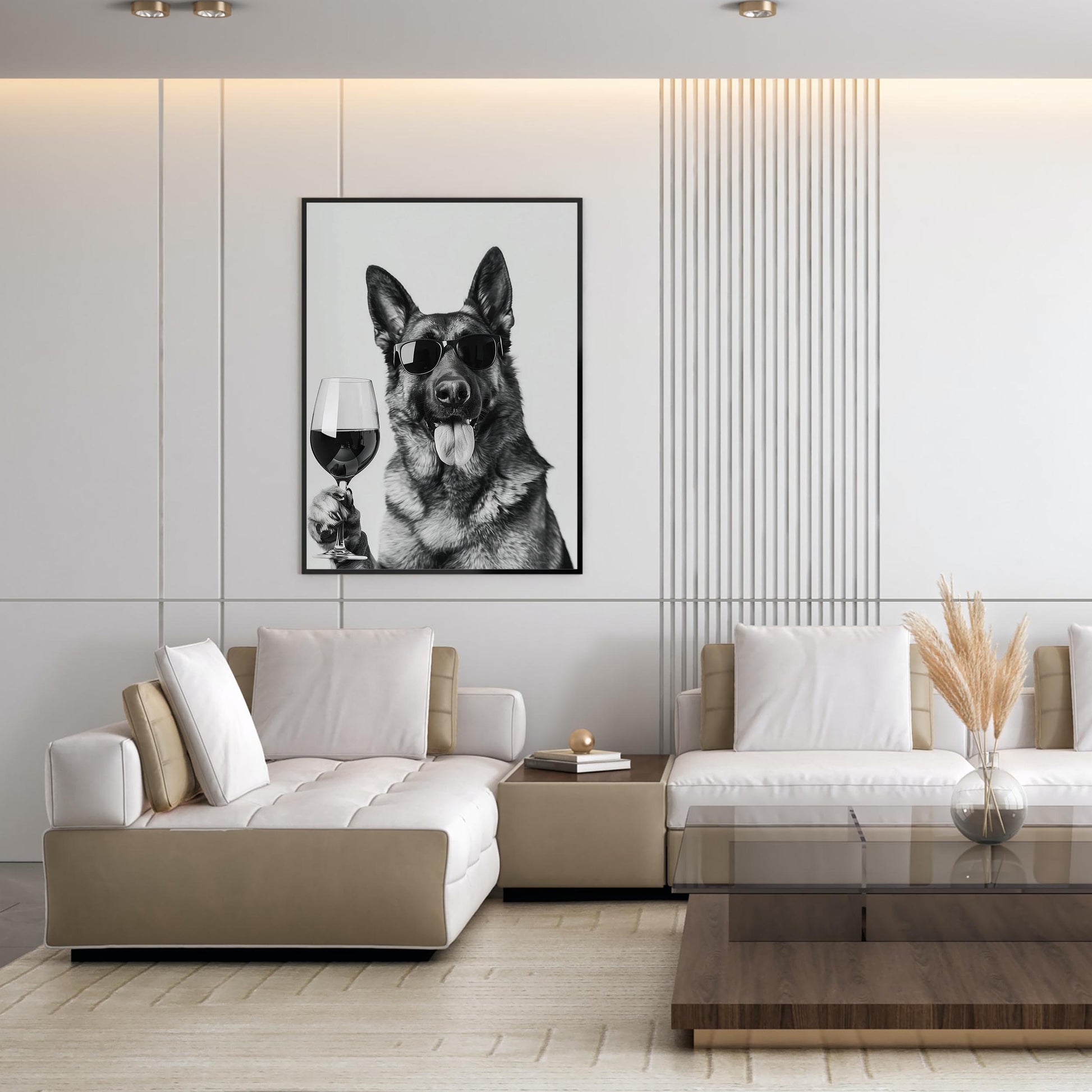 German Shepherd Drinking Wine Print Bar Cart Print, Funny Dog Poster, Trendy Kitchen Decor - Bla