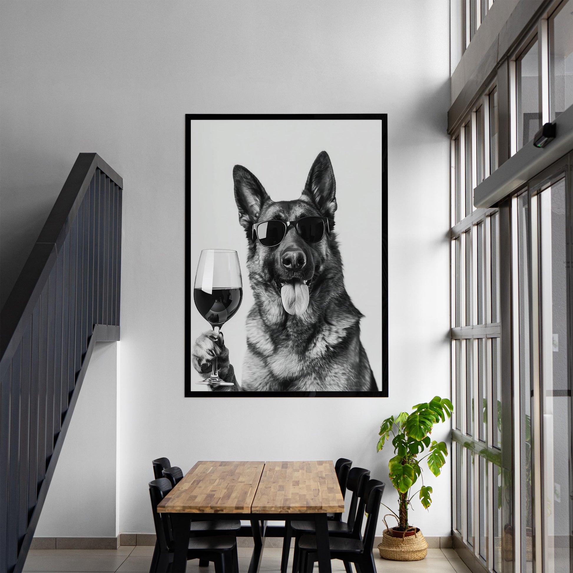 German Shepherd Drinking Wine Print Bar Cart Print, Funny Dog Poster, Trendy Kitchen Decor - Bla