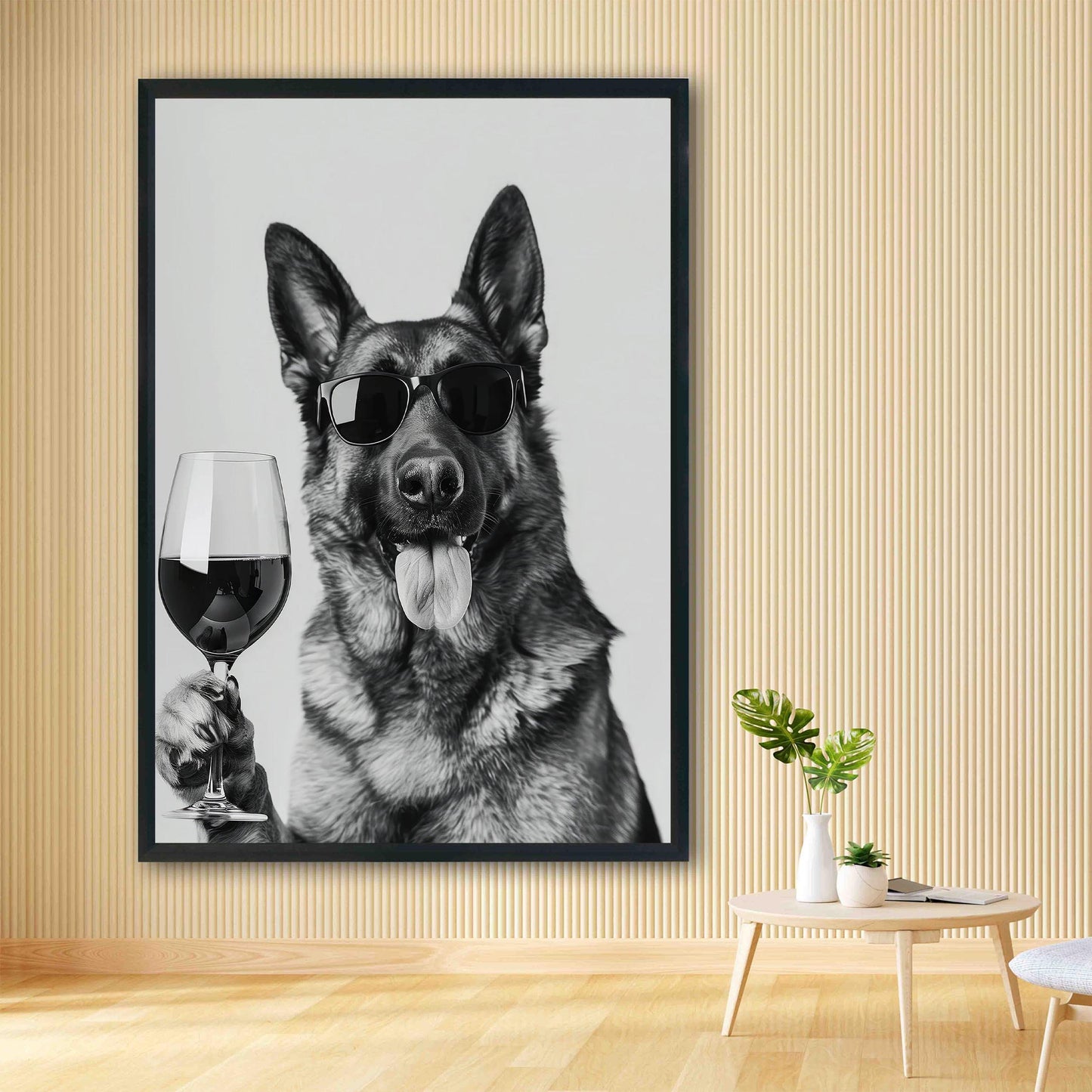 German Shepherd Drinking Wine Print Bar Cart Print, Funny Dog Poster, Trendy Kitchen Decor - Bla