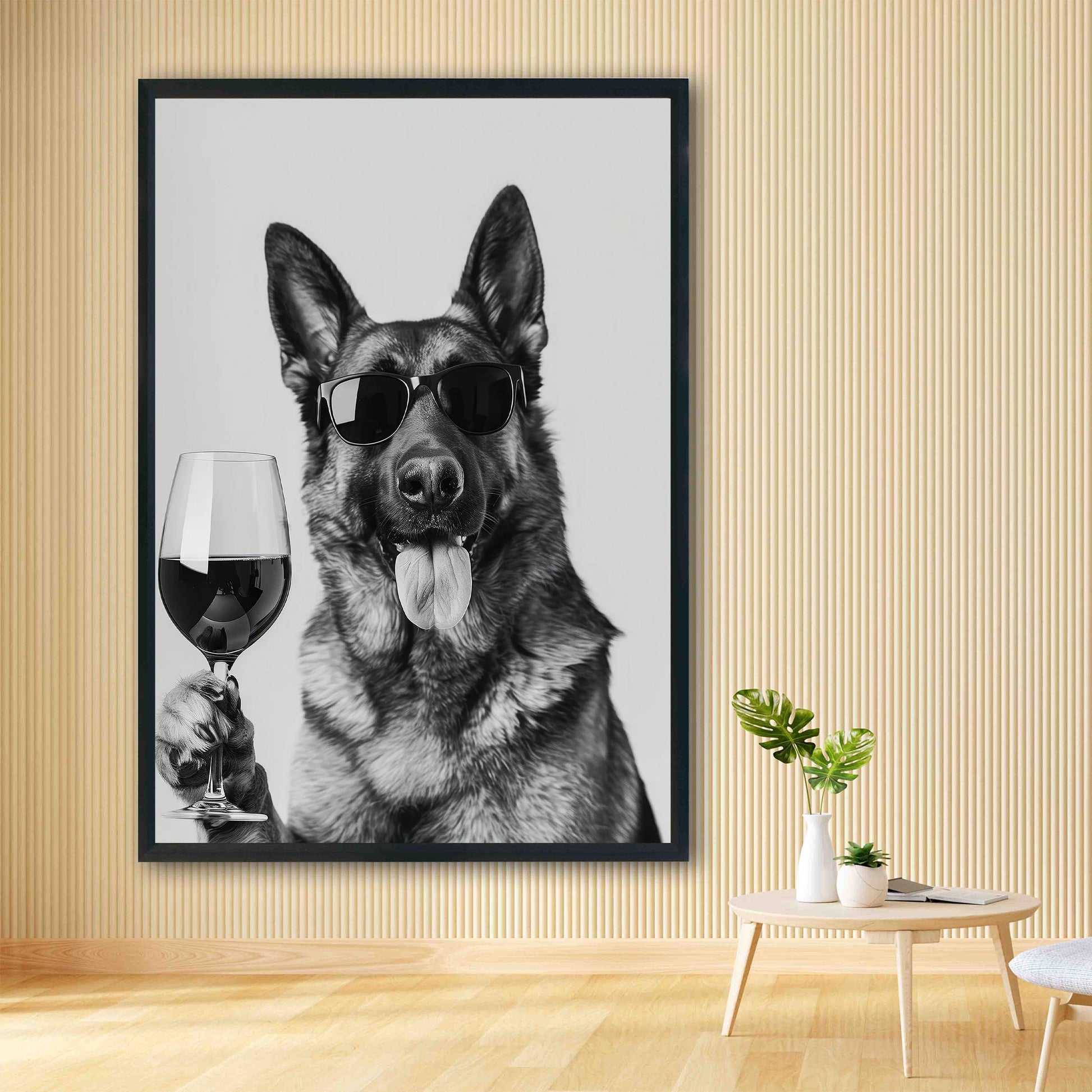 German Shepherd Drinking Wine Print Bar Cart Print, Funny Dog Poster, Trendy Kitchen Decor - Bla