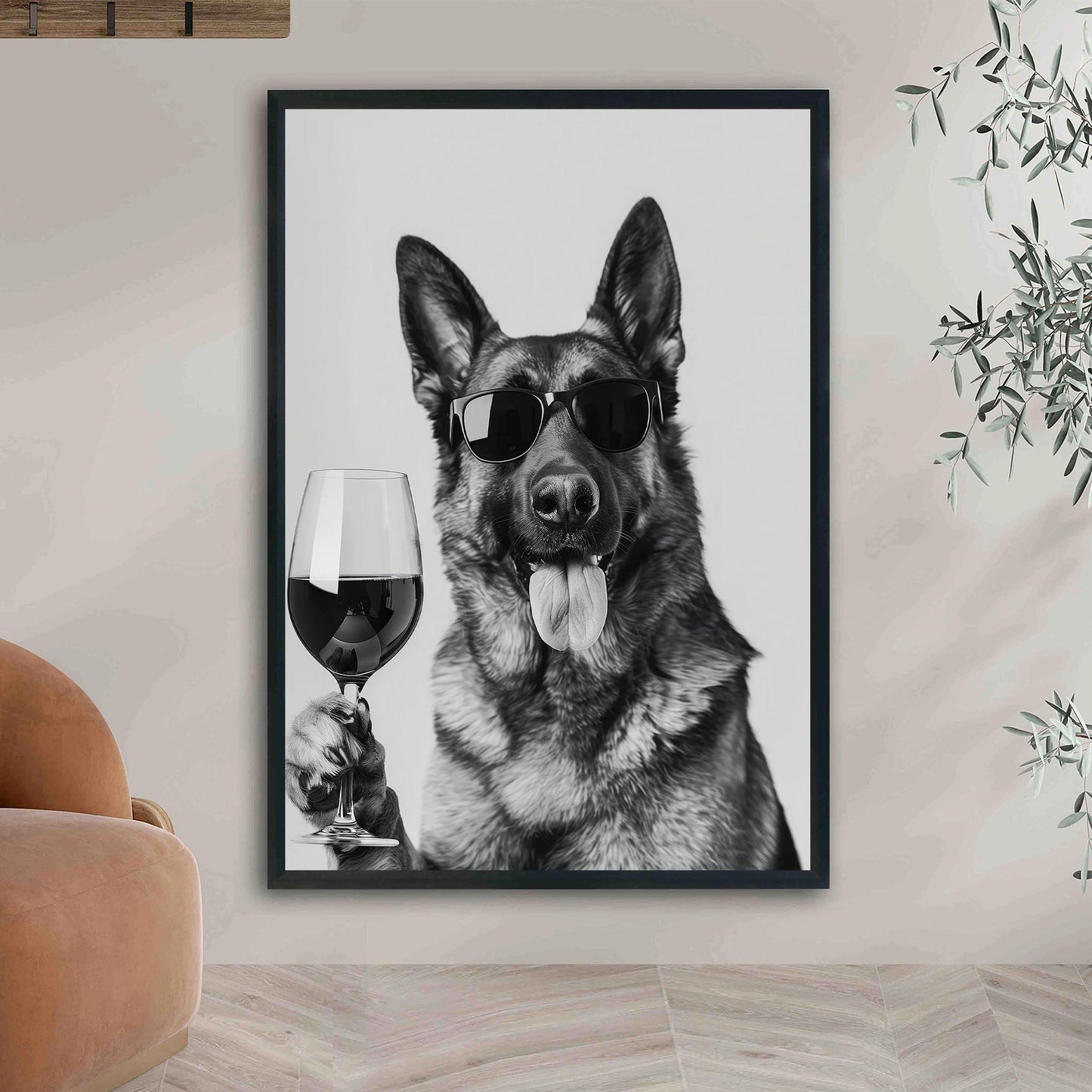 German Shepherd Drinking Wine Print Bar Cart Print, Funny Dog Poster, Trendy Kitchen Decor - Bla