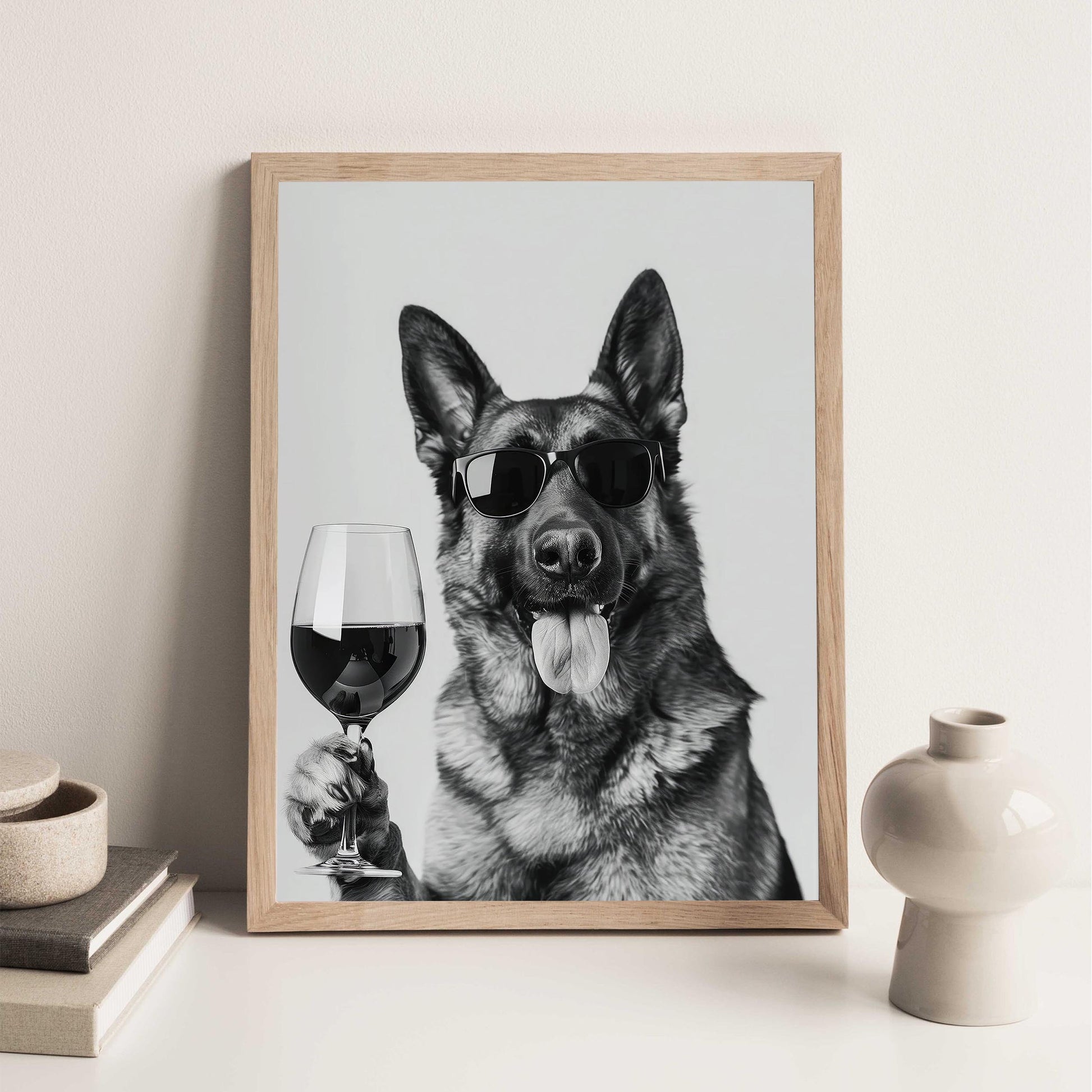 German Shepherd Drinking Wine Print Bar Cart Print, Funny Dog Poster, Trendy Kitchen Decor - Bla