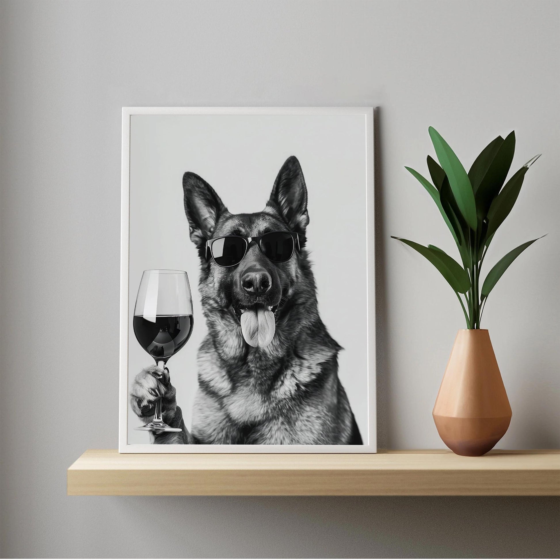 German Shepherd Drinking Wine Print Bar Cart Print, Funny Dog Poster, Trendy Kitchen Decor - Bla
