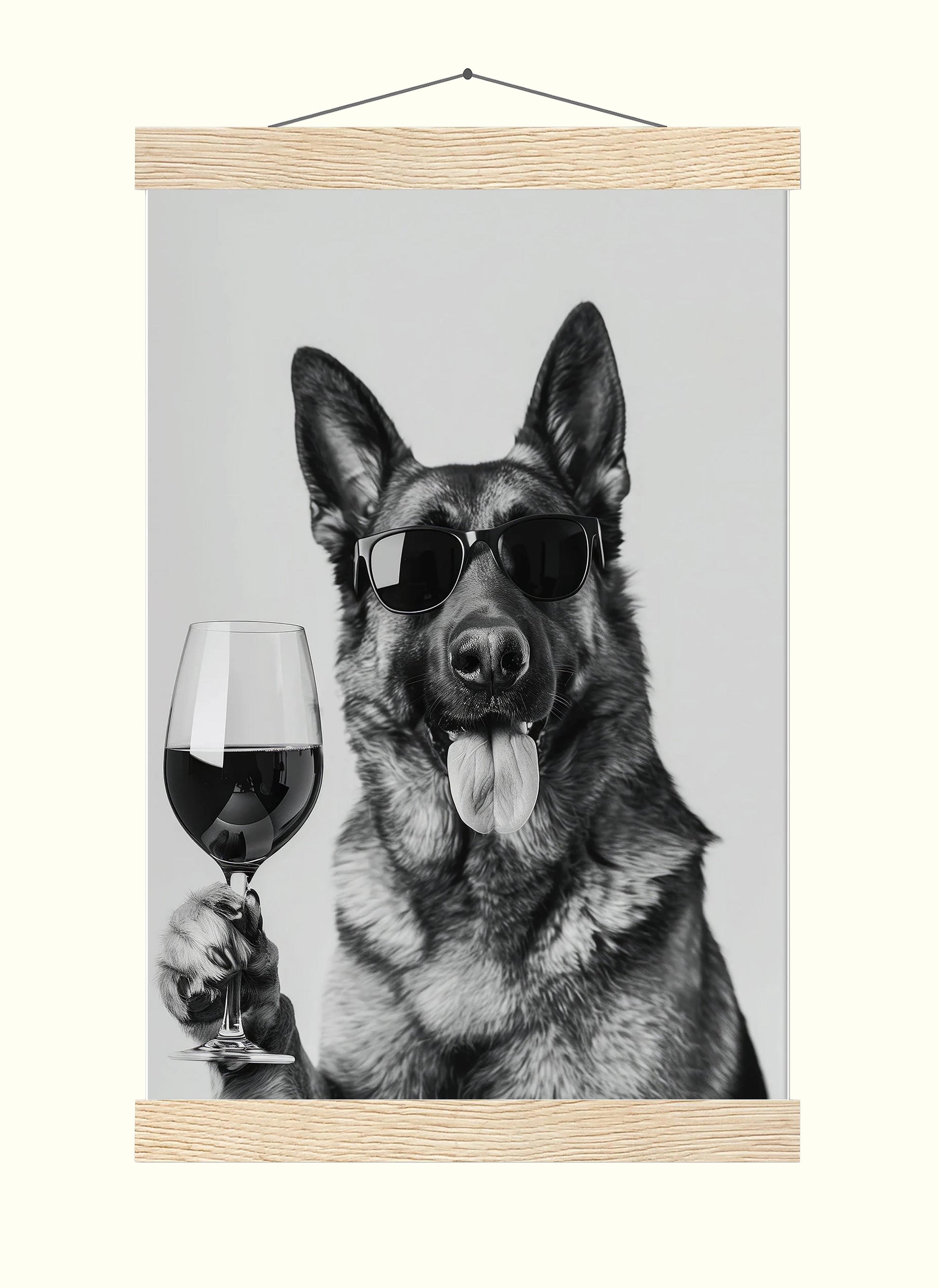 German Shepherd Drinking Wine Print Bar Cart Print, Funny Dog Poster, Trendy Kitchen Decor - Bla