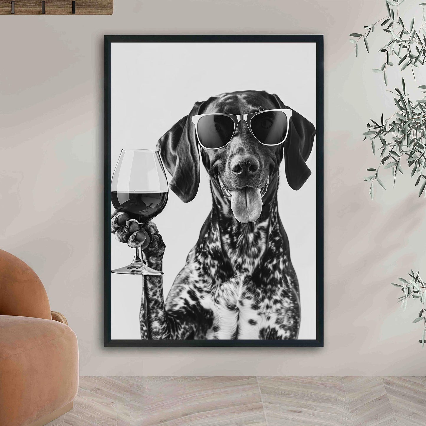 German Shorthaired Pointer Wine Wall Art Funny GSP Dog Print, Bar Cart Decor, Black and White Dog Poster