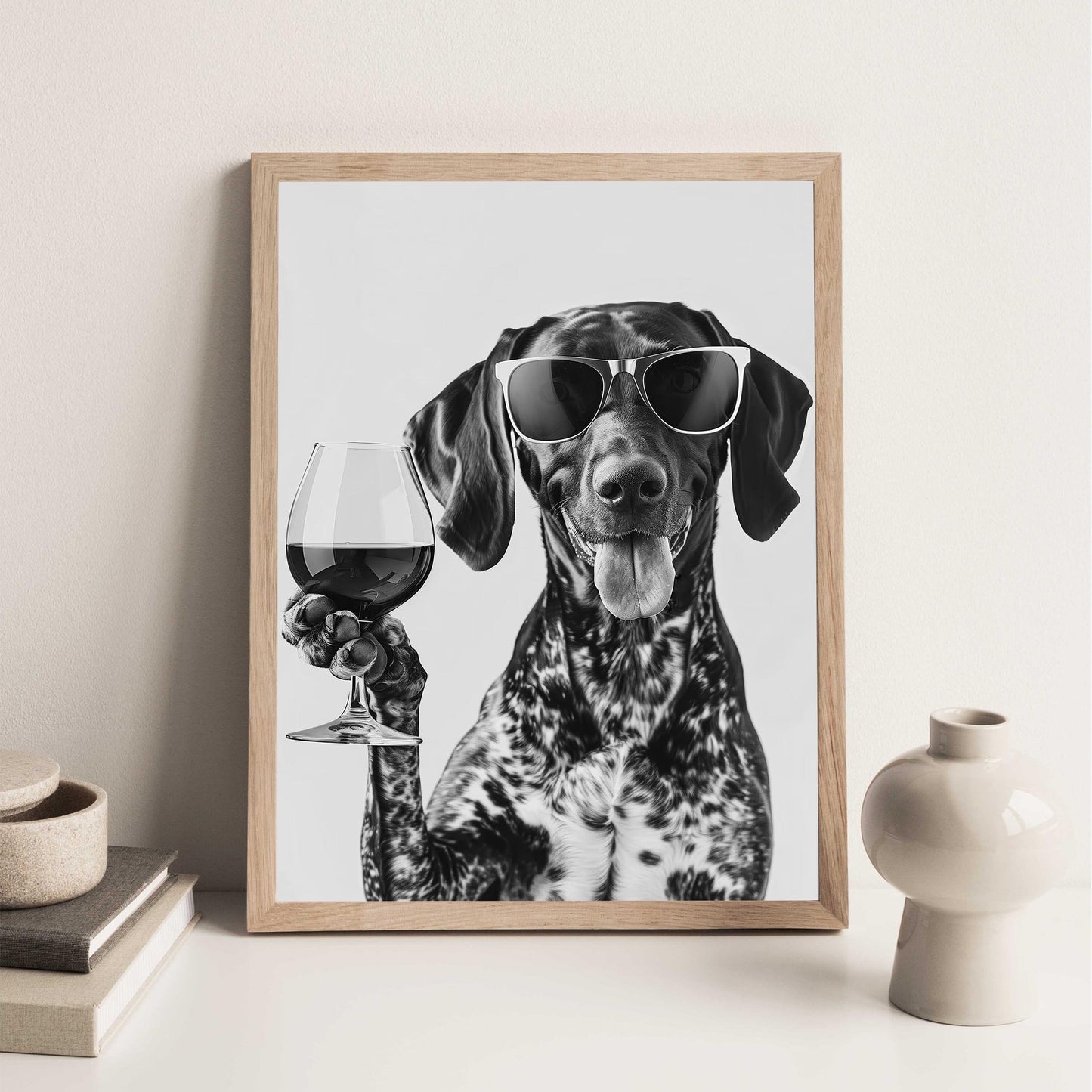 German Shorthaired Pointer Wine Wall Art Funny GSP Dog Print, Bar Cart Decor, Black and White Dog Poster