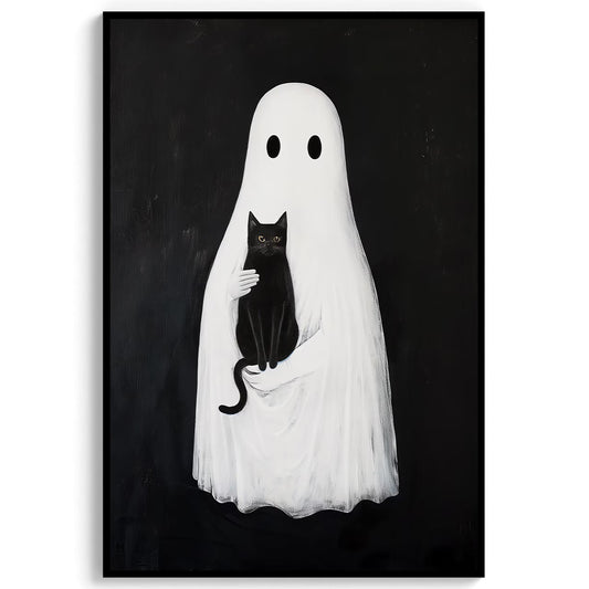 Ghost and Black Cat Halloween Print, Spooky Academia Wall Art